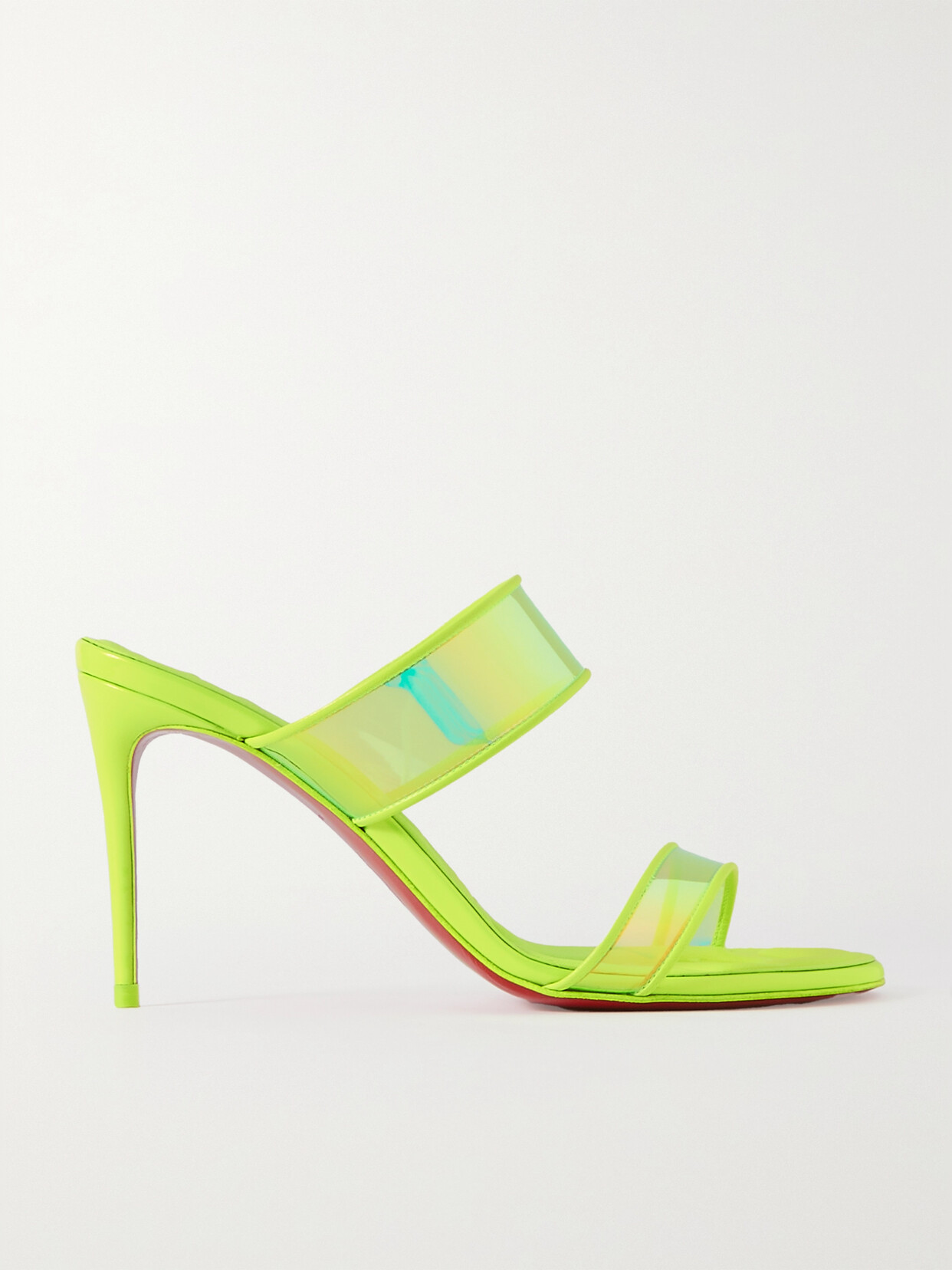 Shop Christian Louboutin Just Loubi 85 Neon Leather-trimmed Iridescent Pvc Mules In Yellow