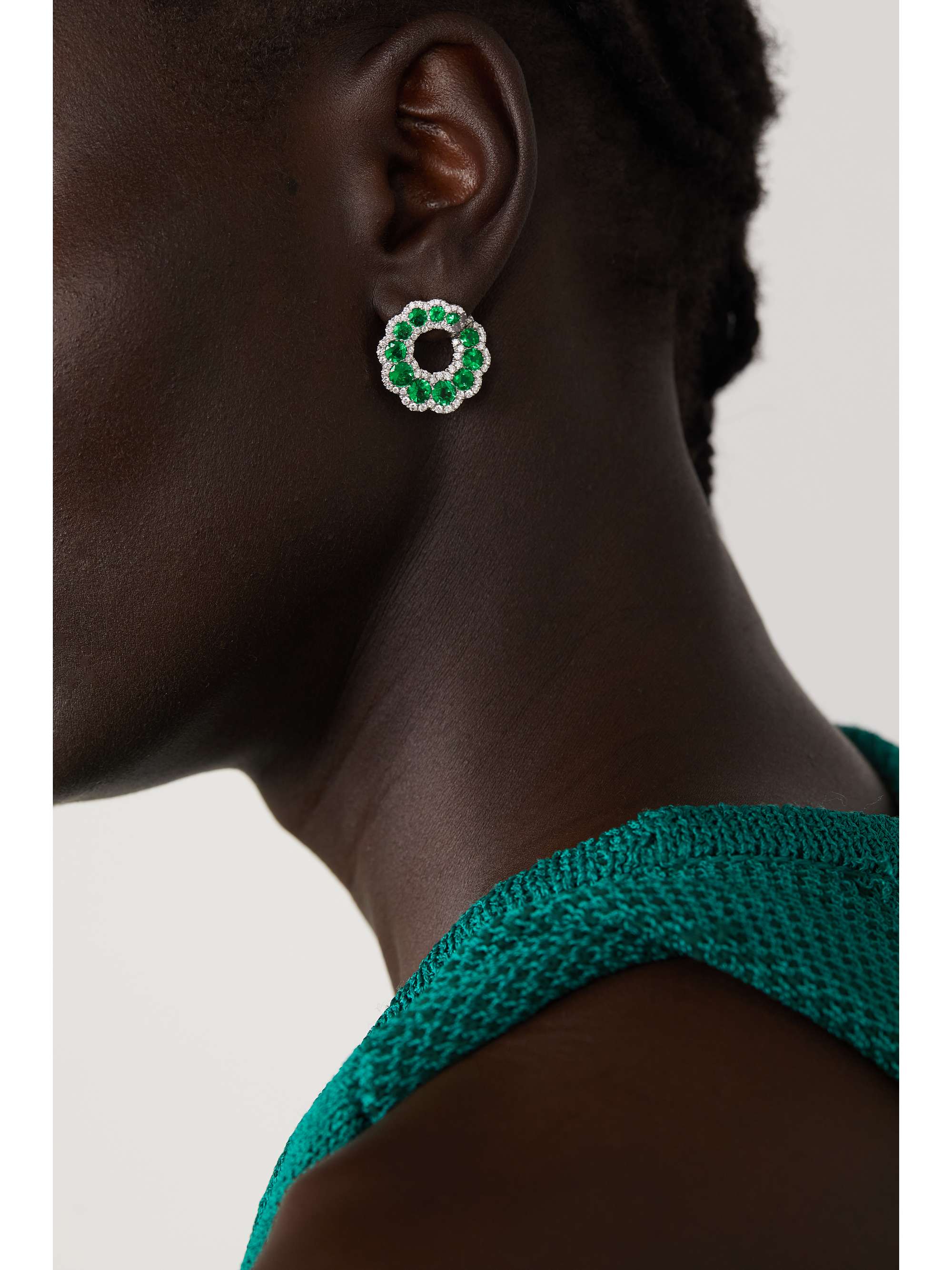 DAVID MORRIS 18-karat white gold, emerald and diamond earrings