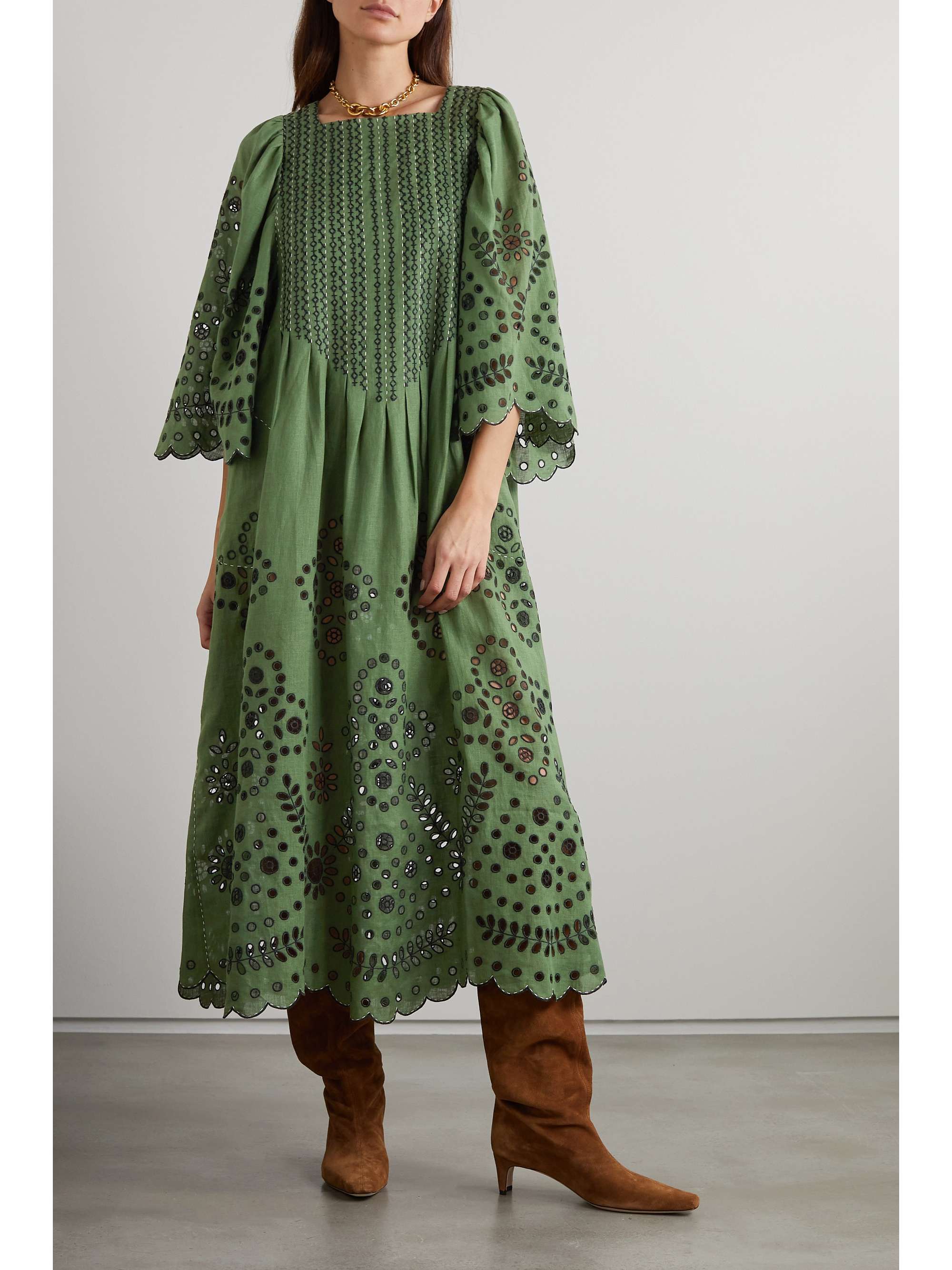 VITA KIN Luna embroidered broderie anglaise linen midi dress