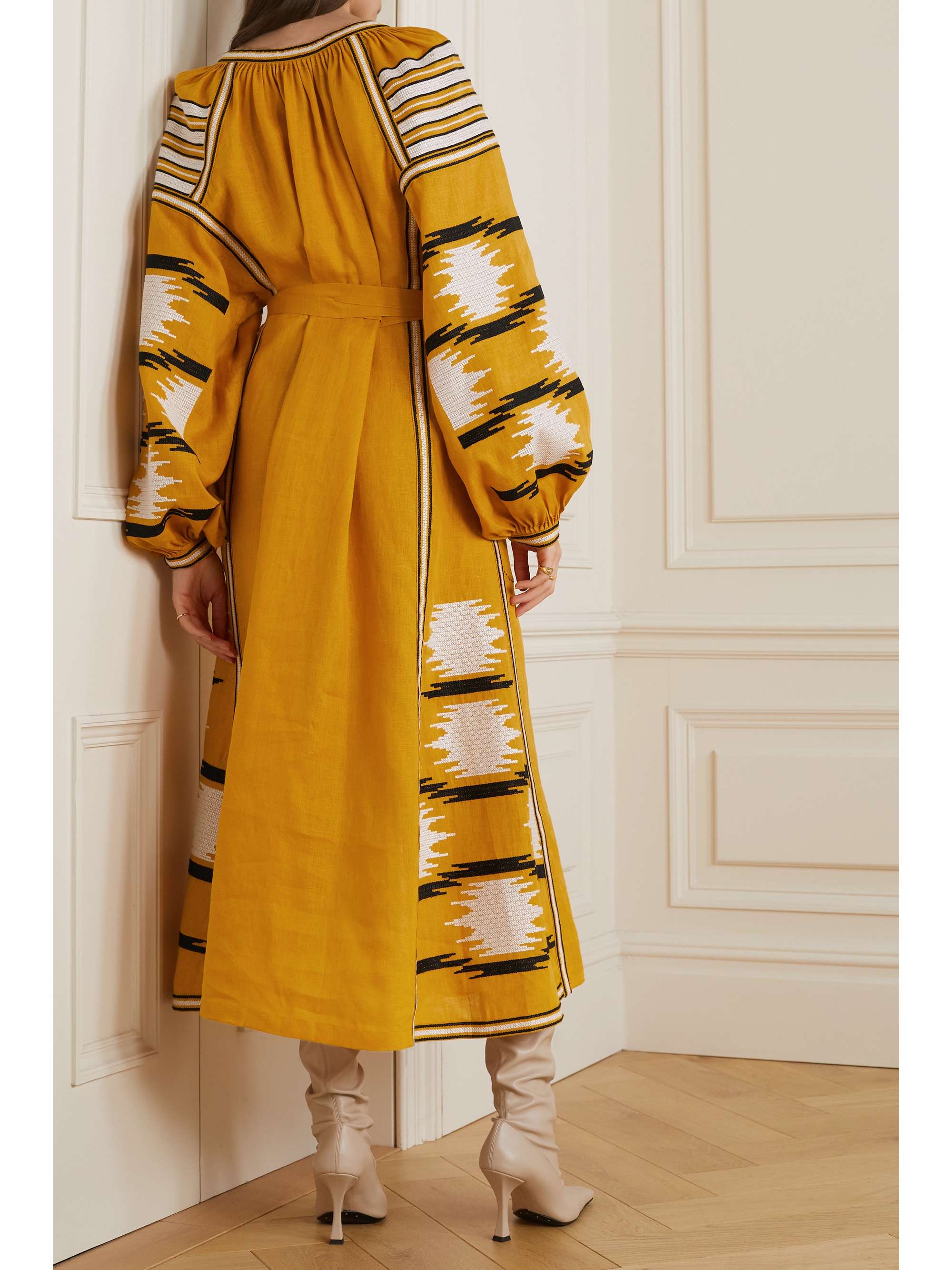 VITA KIN Ikat tasseled embroidered linen dress