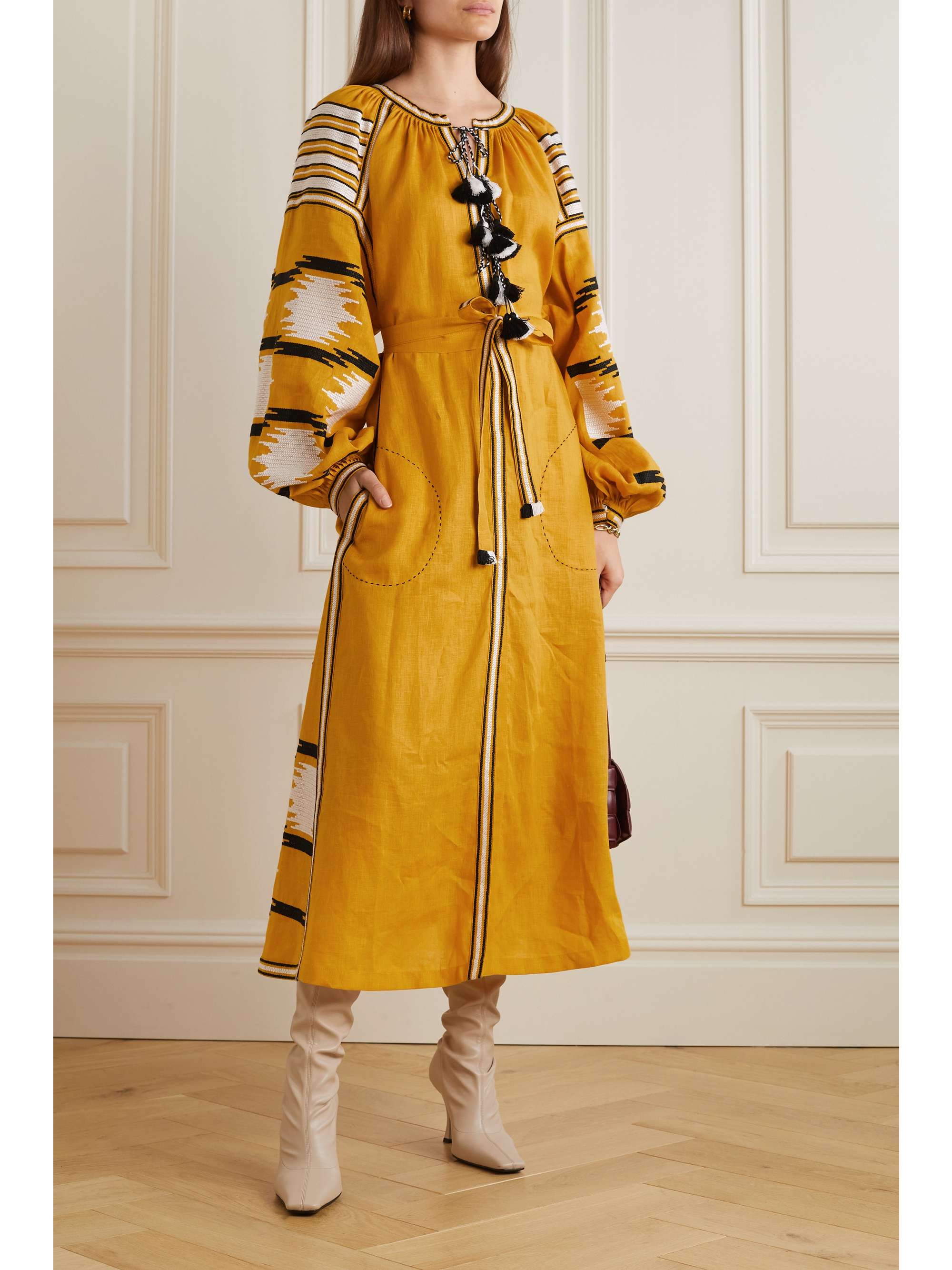 VITA KIN Ikat tasseled embroidered linen dress
