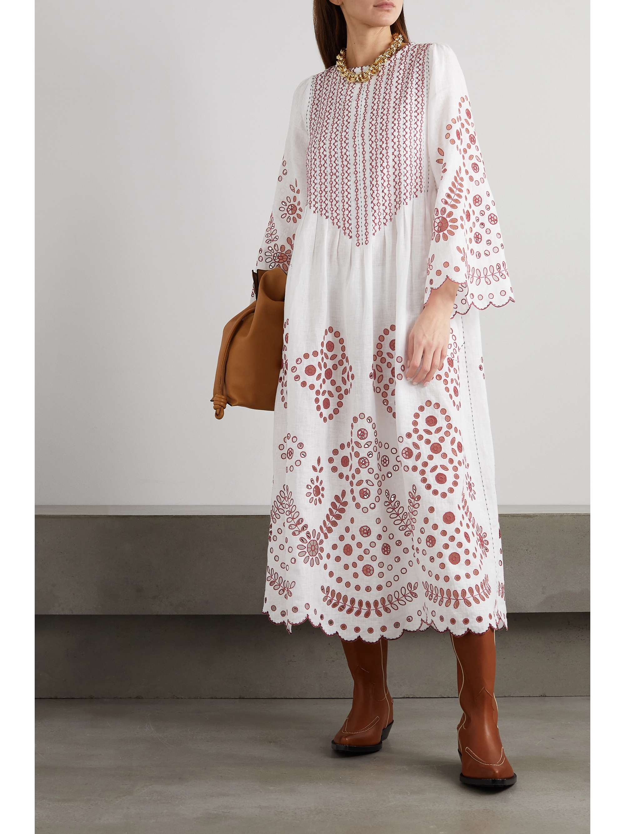 VITA KIN Luna embroidered broderie anglaise linen midi dress
