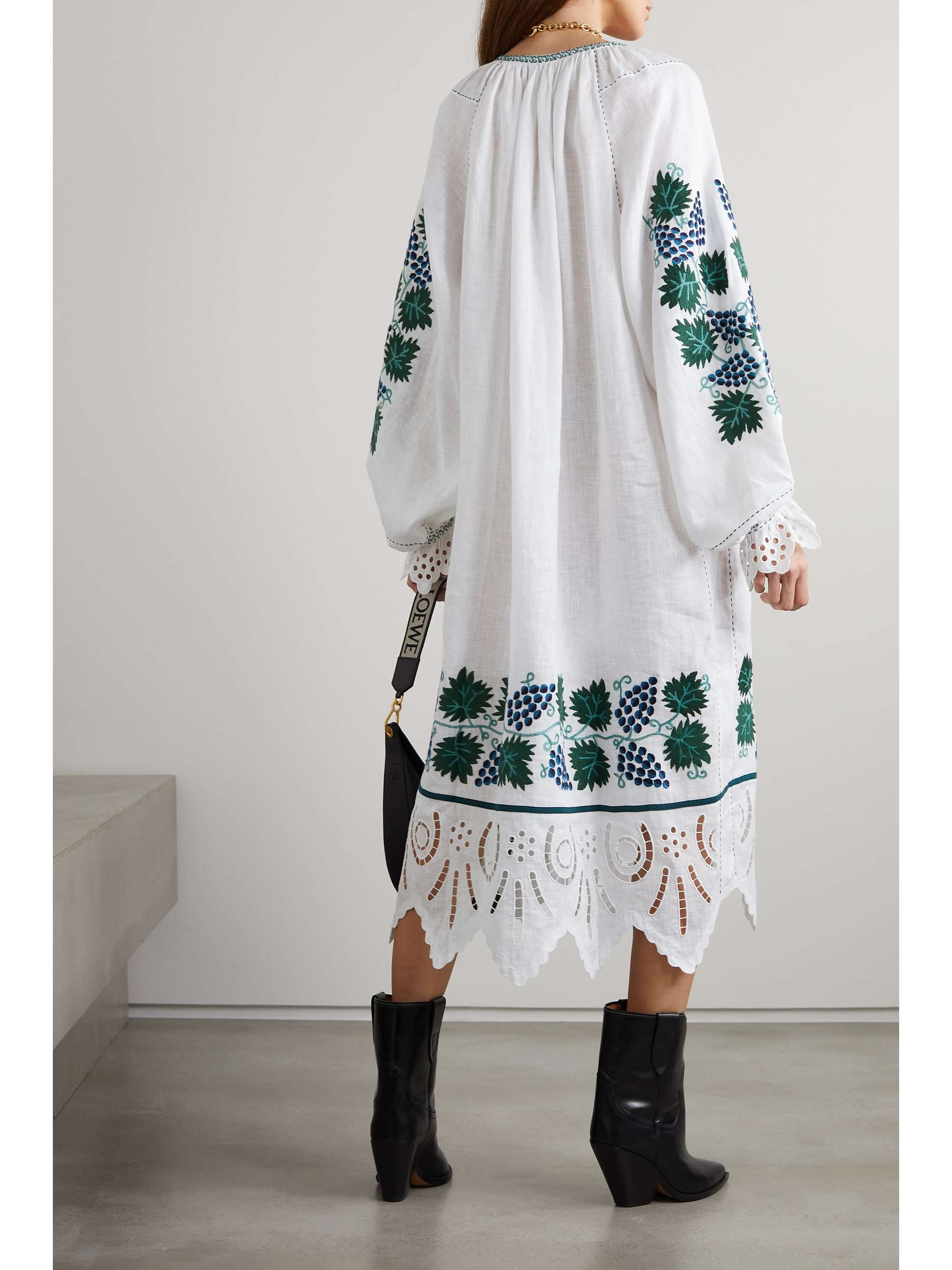 VITA KIN Tavria broderie anglaise-trimmed embroidered linen midi dress
