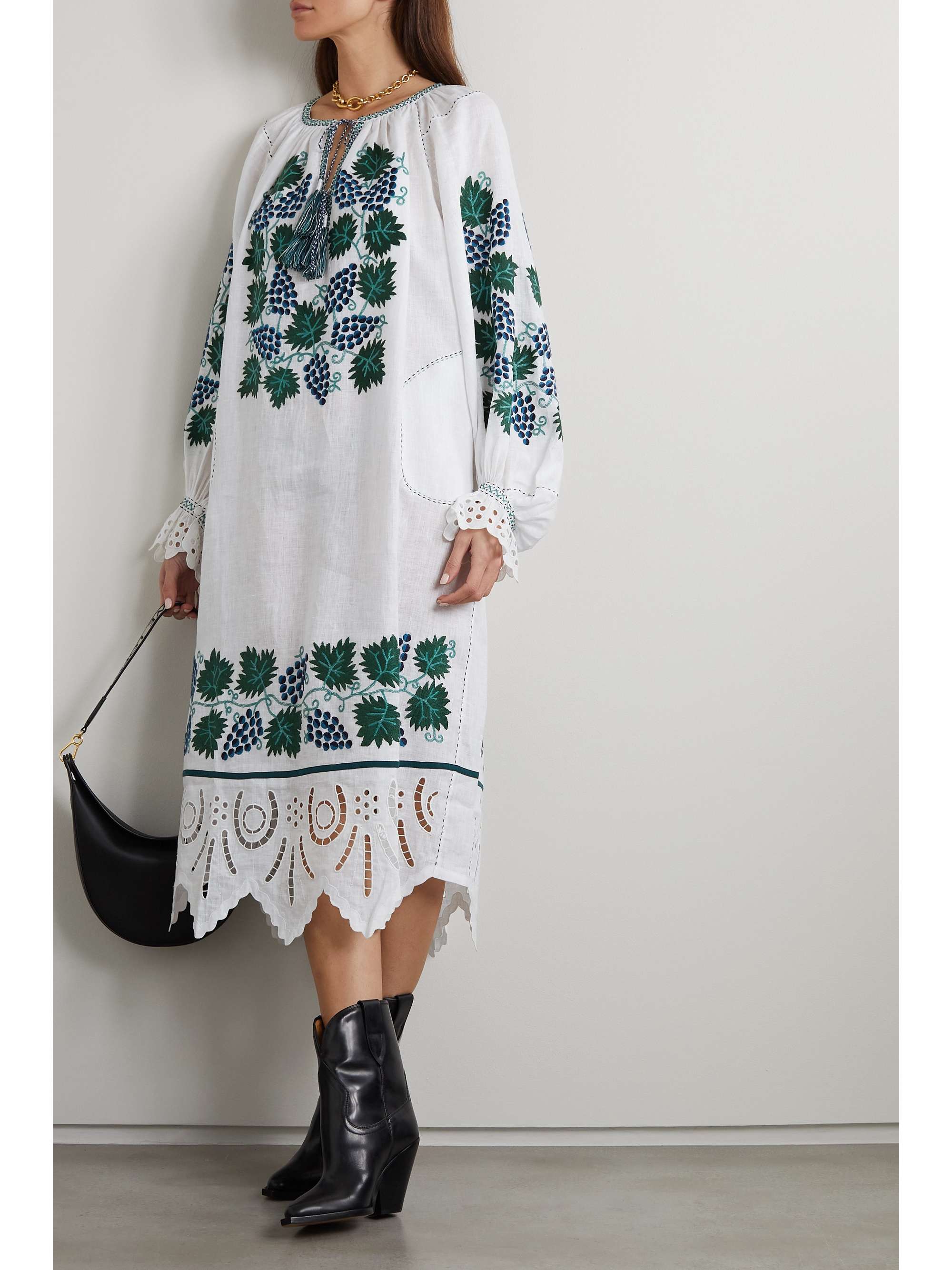 VITA KIN Tavria broderie anglaise-trimmed embroidered linen midi dress