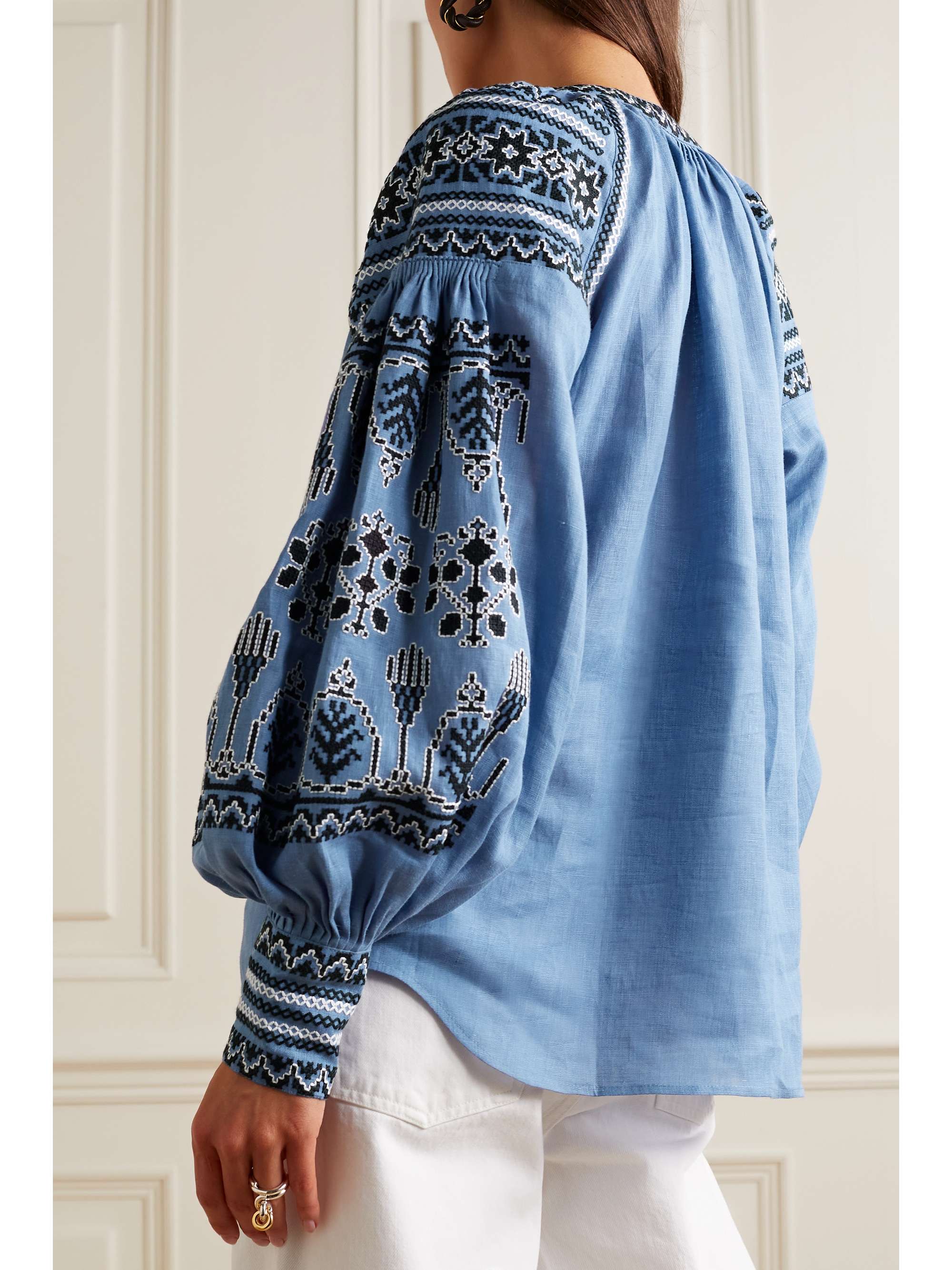 VITA KIN Shedever gathered embroidered linen blouse