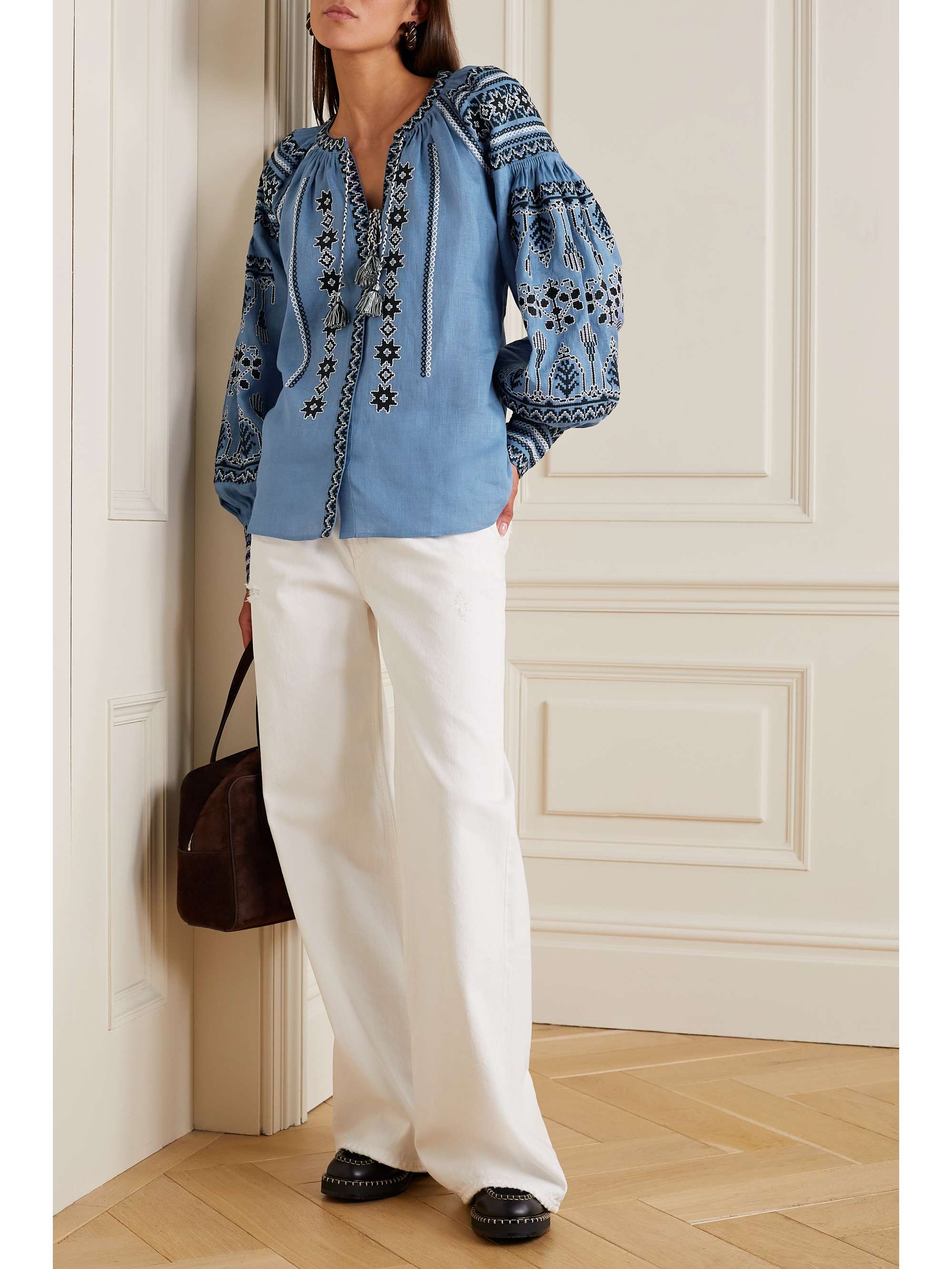 VITA KIN Shedever gathered embroidered linen blouse