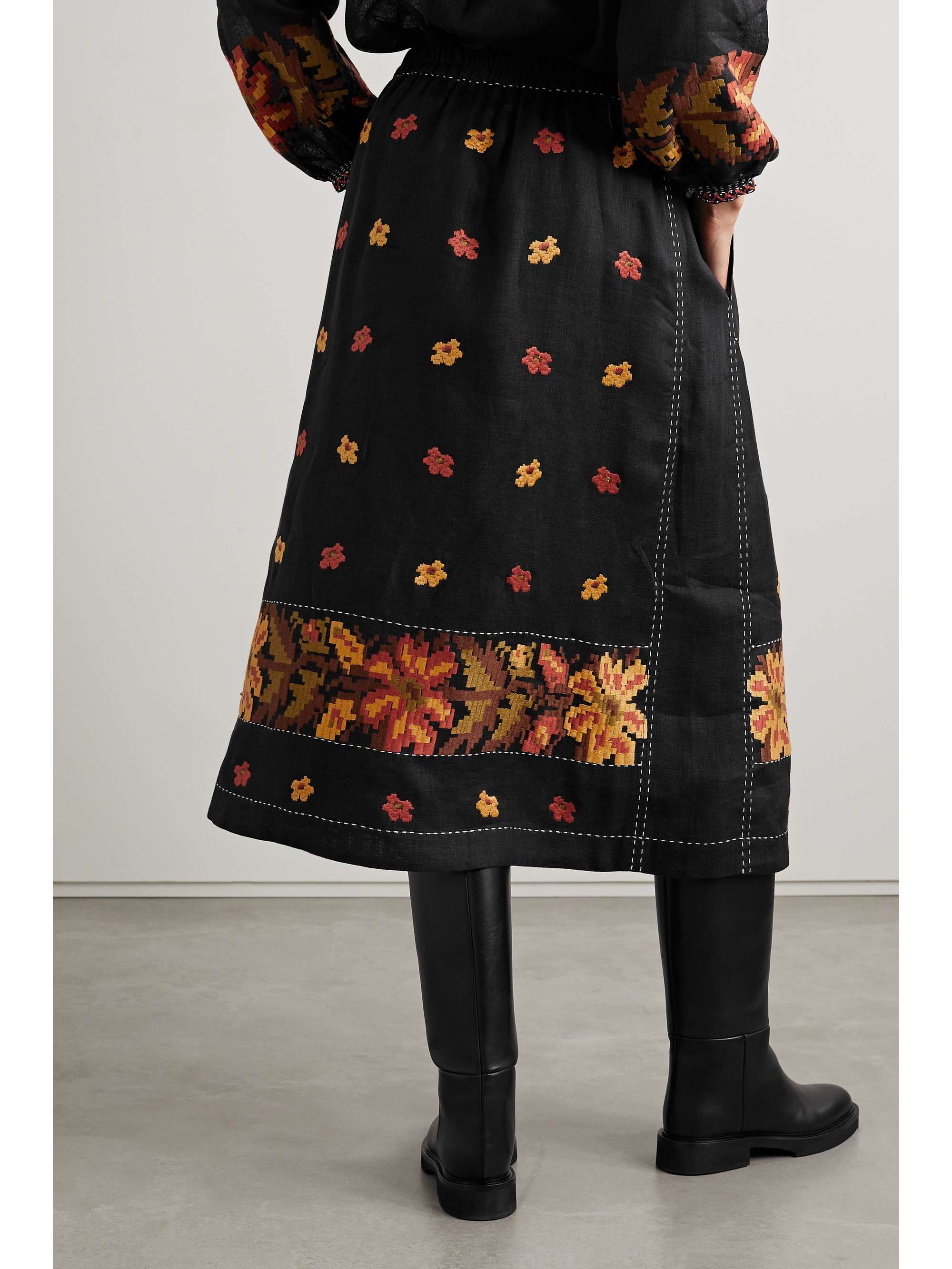 VITA KIN Tasya embroidered linen midi skirt