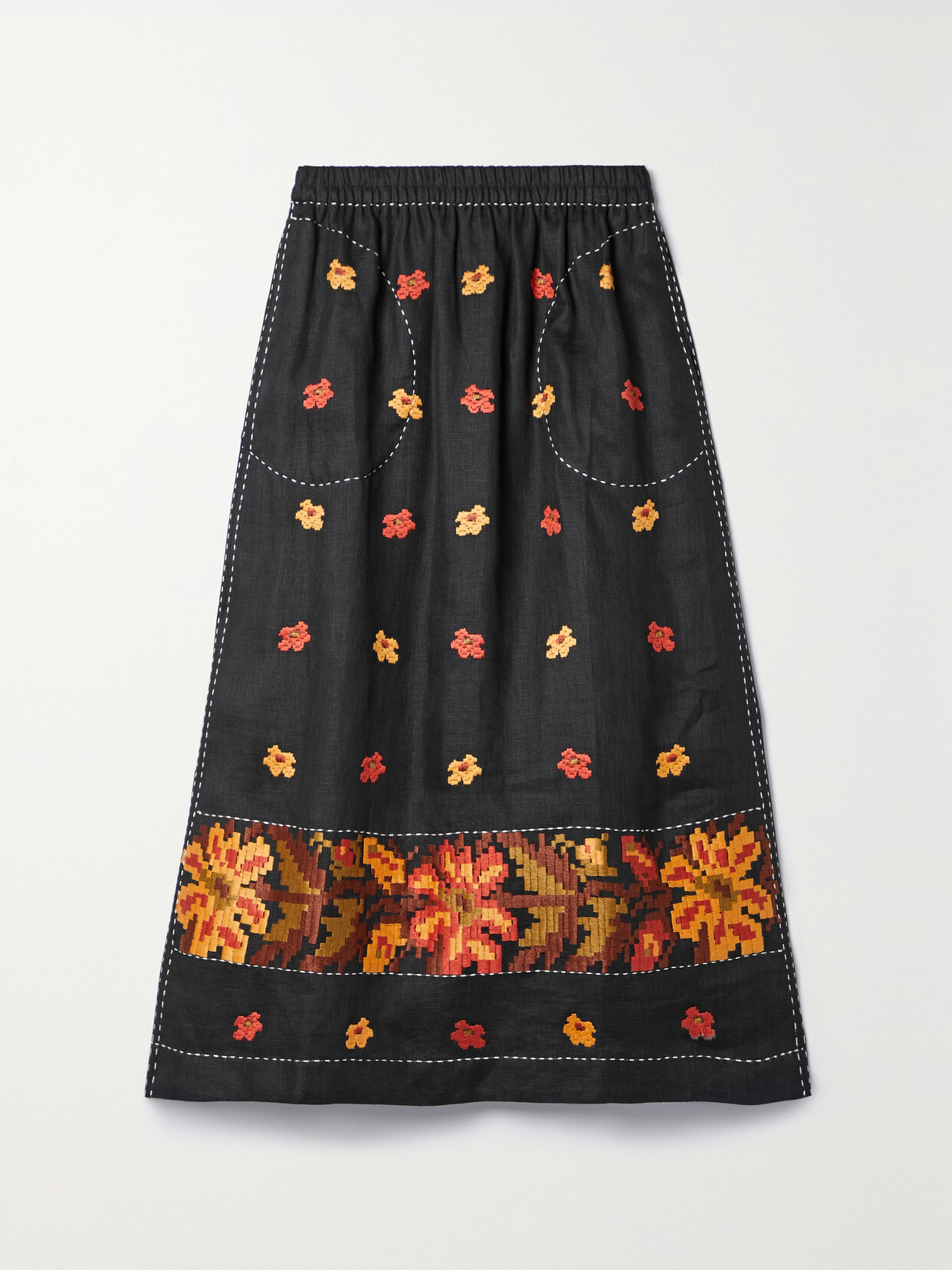 Vita Kin - Tasya Embroidered Linen Midi Skirt - Black