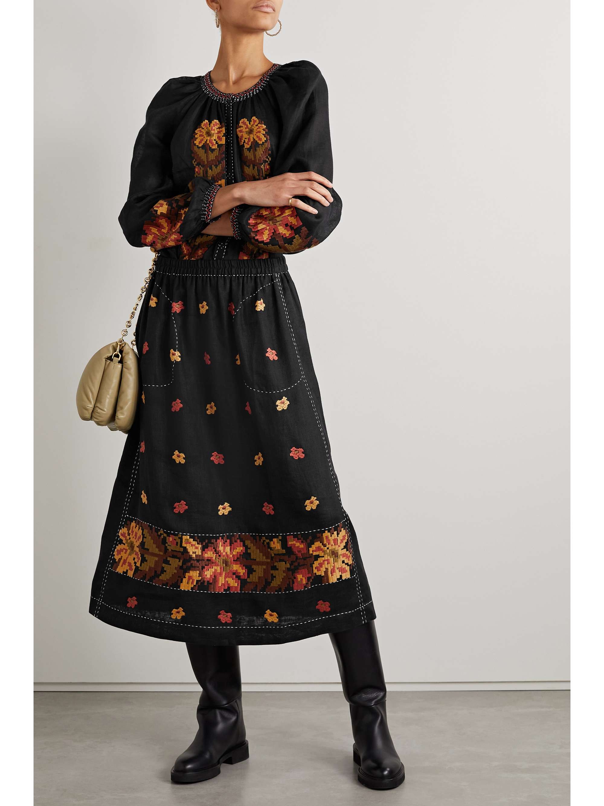 VITA KIN Tasya embroidered linen midi skirt