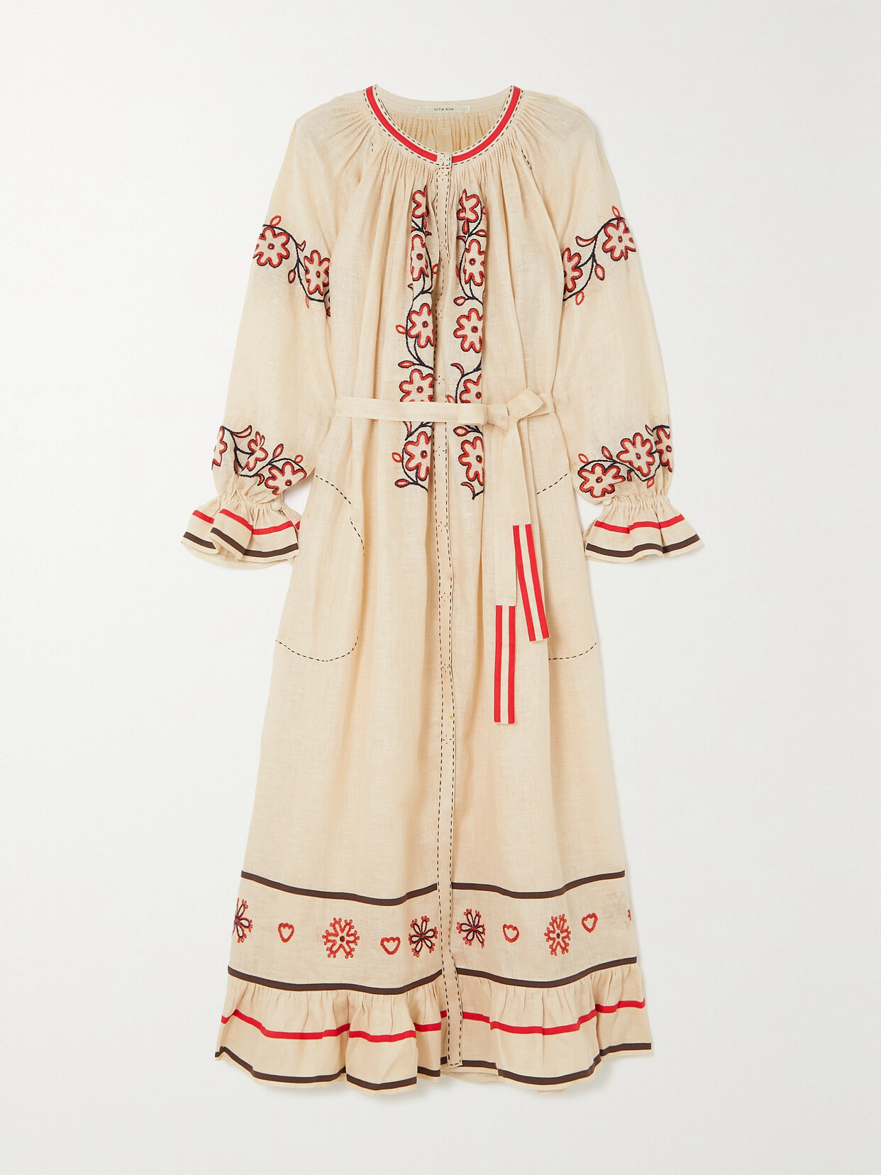 Vita Kin Bukovel Belted Embroidered Linen Midi Dress - Cream