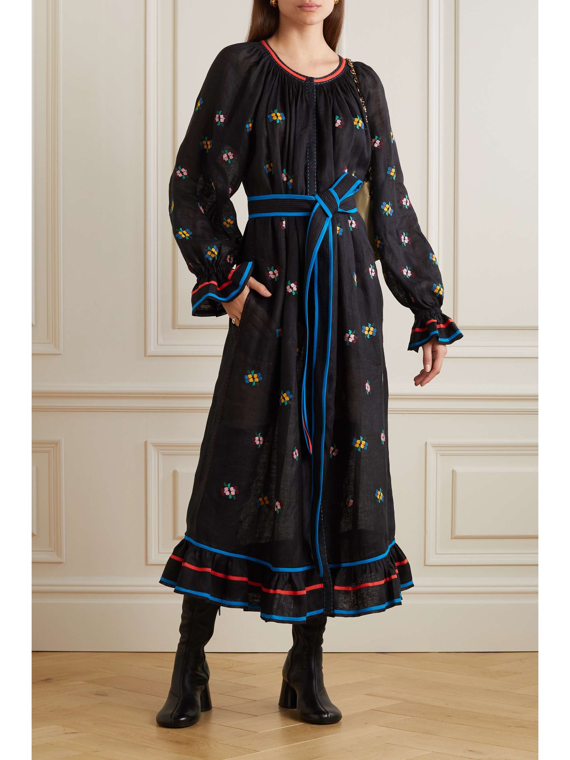 VITA KIN Happy Cherry embroidered linen midi dress