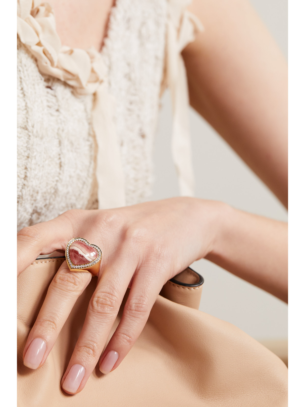 Shop Jacquie Aiche Heart 14-karat Gold, Rhodochrosite And Diamond Ring In Red