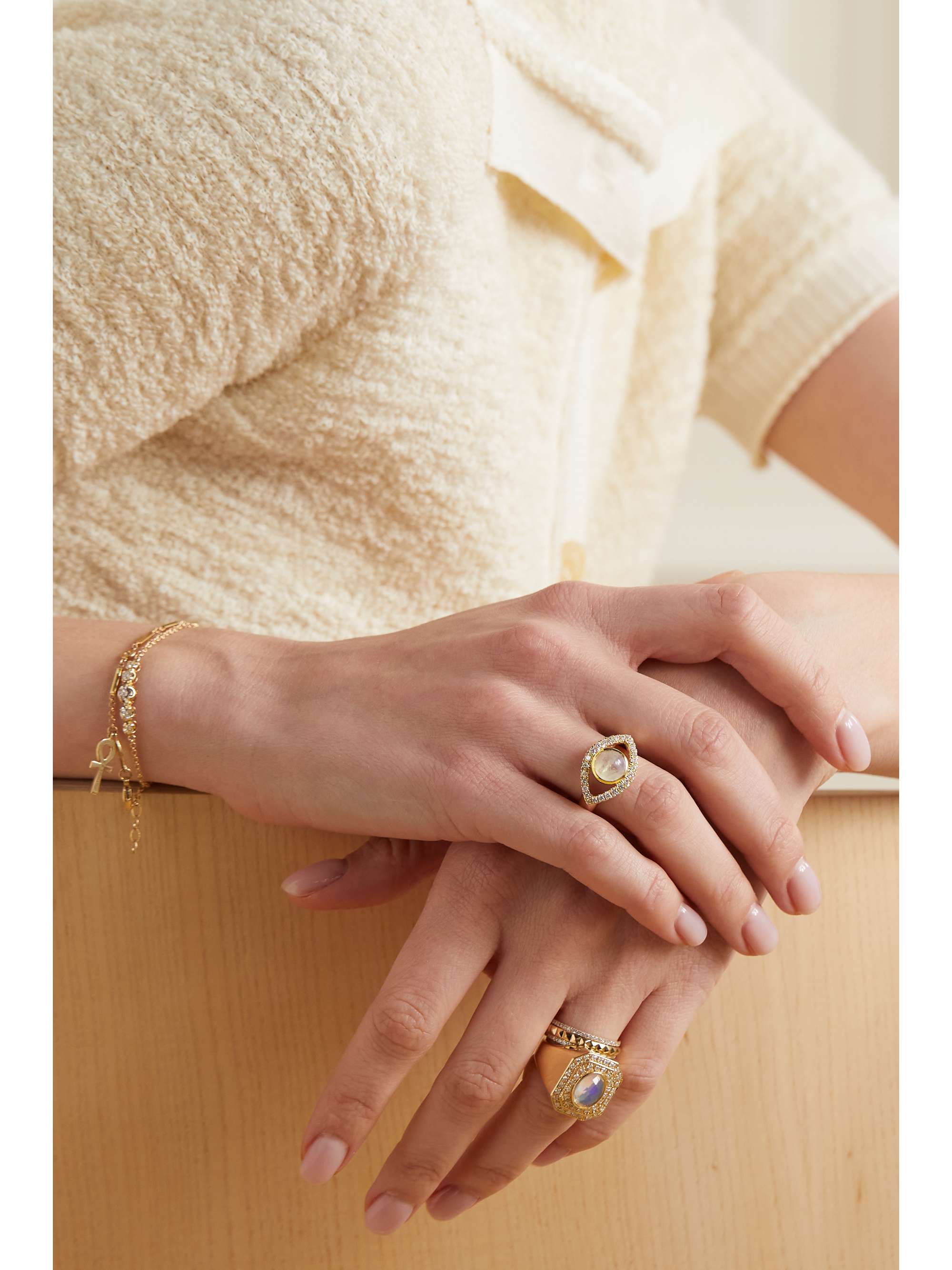 JACQUIE AICHE Bague en or 14 carats (585/1000), pierre de lune et diamants Open Eye Small