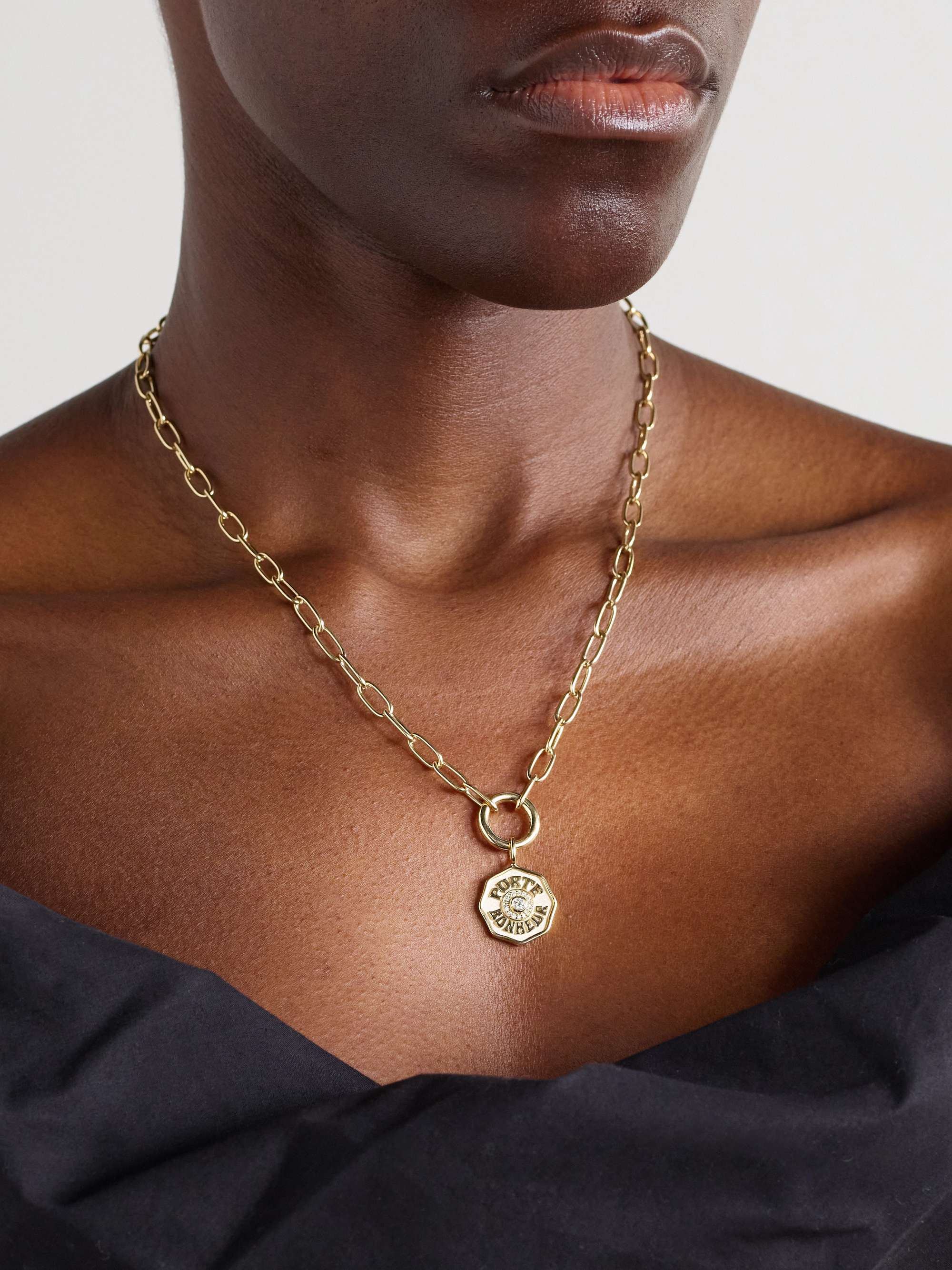 MARLO LAZ Mini Porte Bonheur Coin 14-karat gold diamond necklace