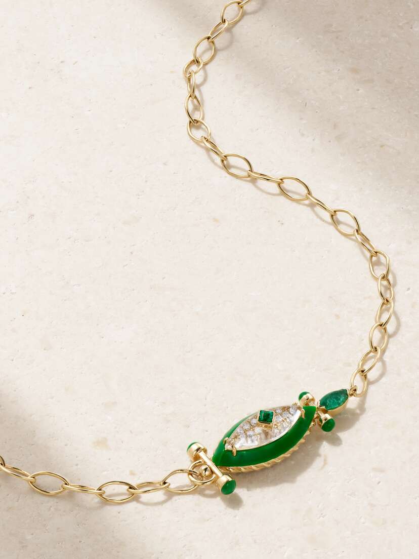 L’Atelier Nawbar The Swan 18-karat Gold, Enamel, Diamond And Emerald Choker