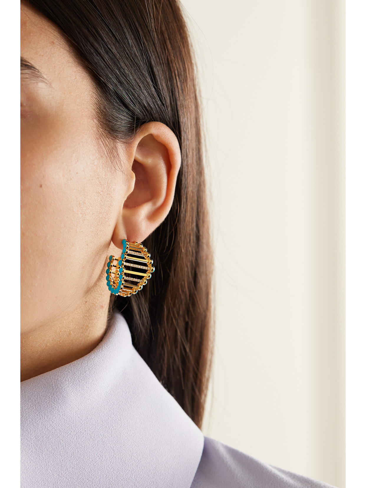 Shop L'atelier Nawbar The Big Twiggy 18-karat Gold, Enamel And Diamond Hoop Earrings In Blue