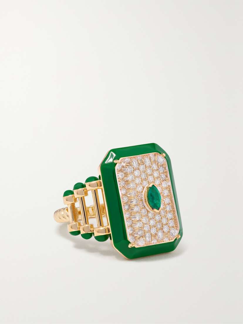 L’Atelier Nawbar Moments In Evergreen 18-karat Gold, Enamel, Diamond And Emerald Ring