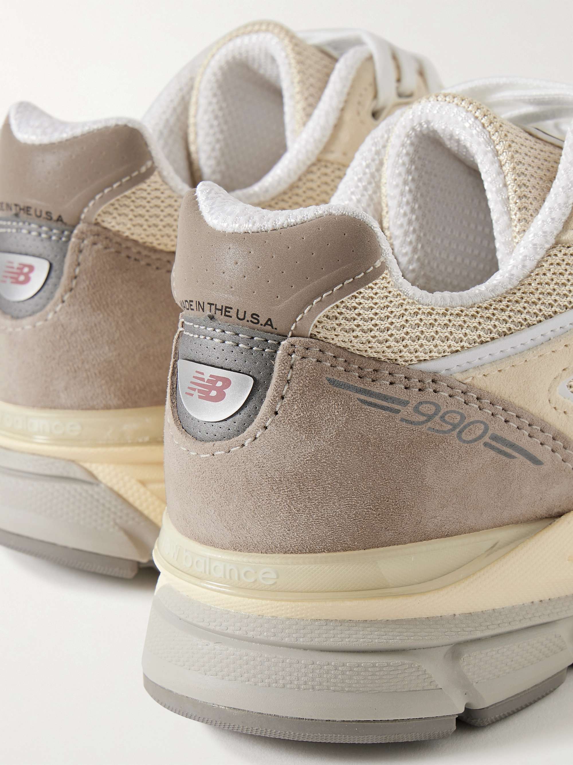 Made in USA 990v4 leather-trimmed suede and mesh sneakers - white - US 3.5