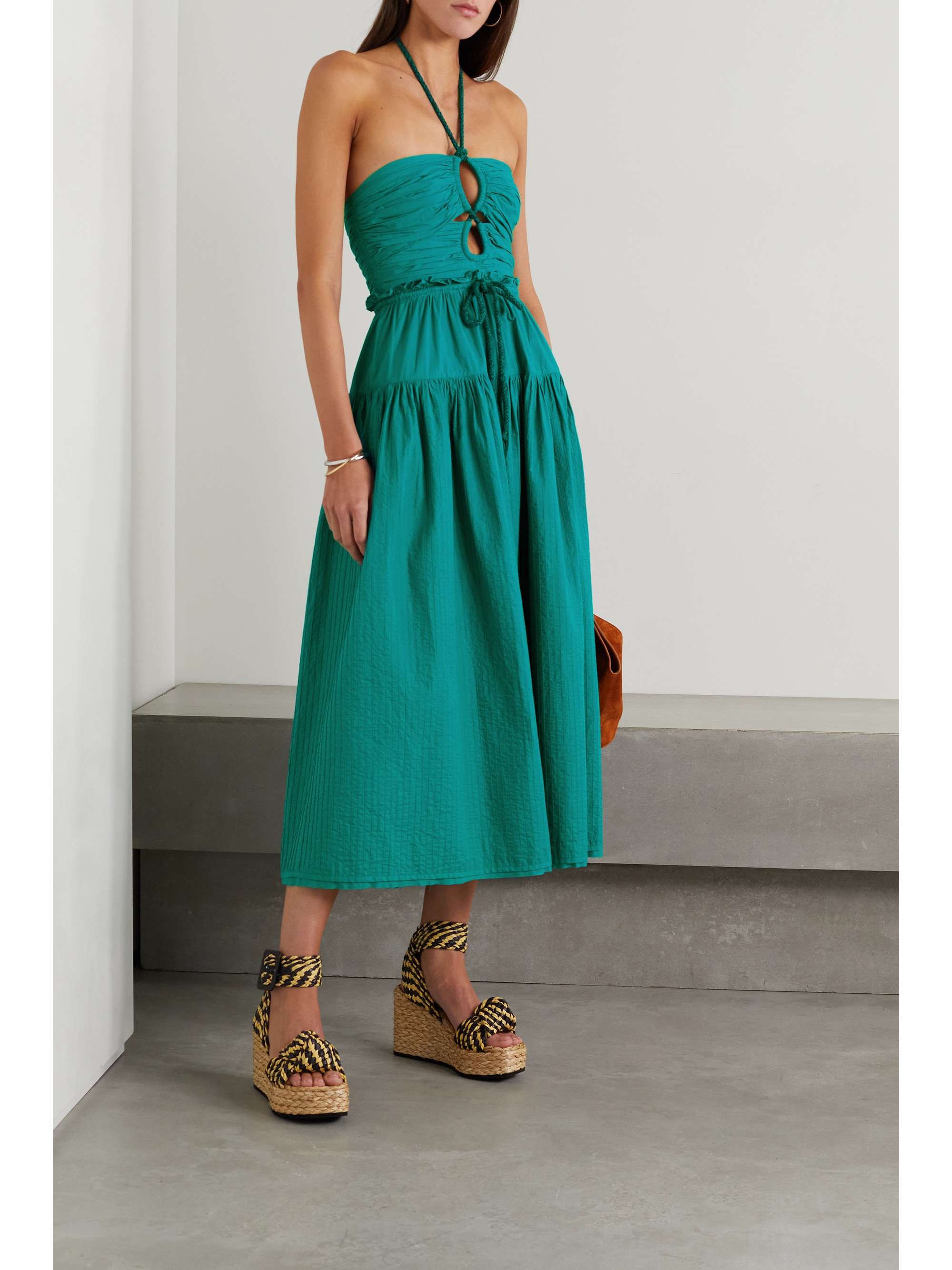 ULLA JOHNSON Emmaline ruffled pintucked cotton-voile halterneck midi dress