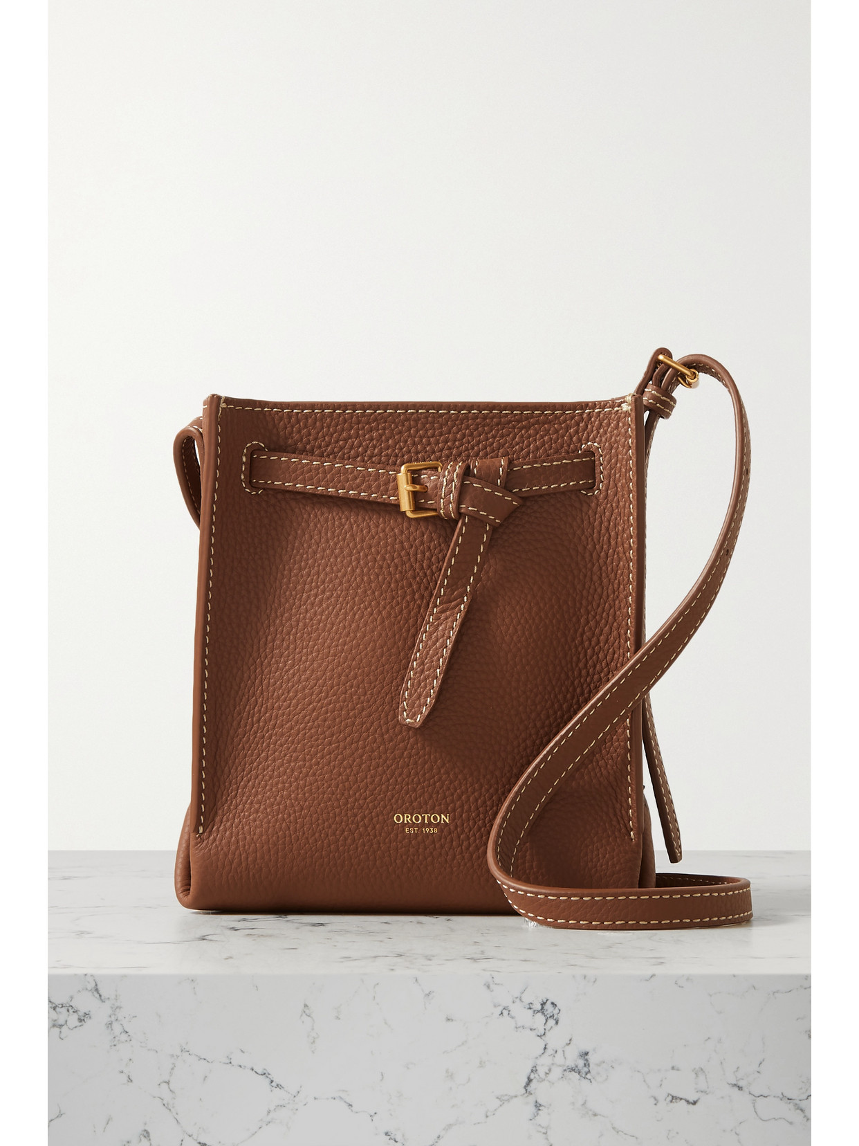 Oroton Margot Mini Buckled Textured-leather Bucket Bag In Brown