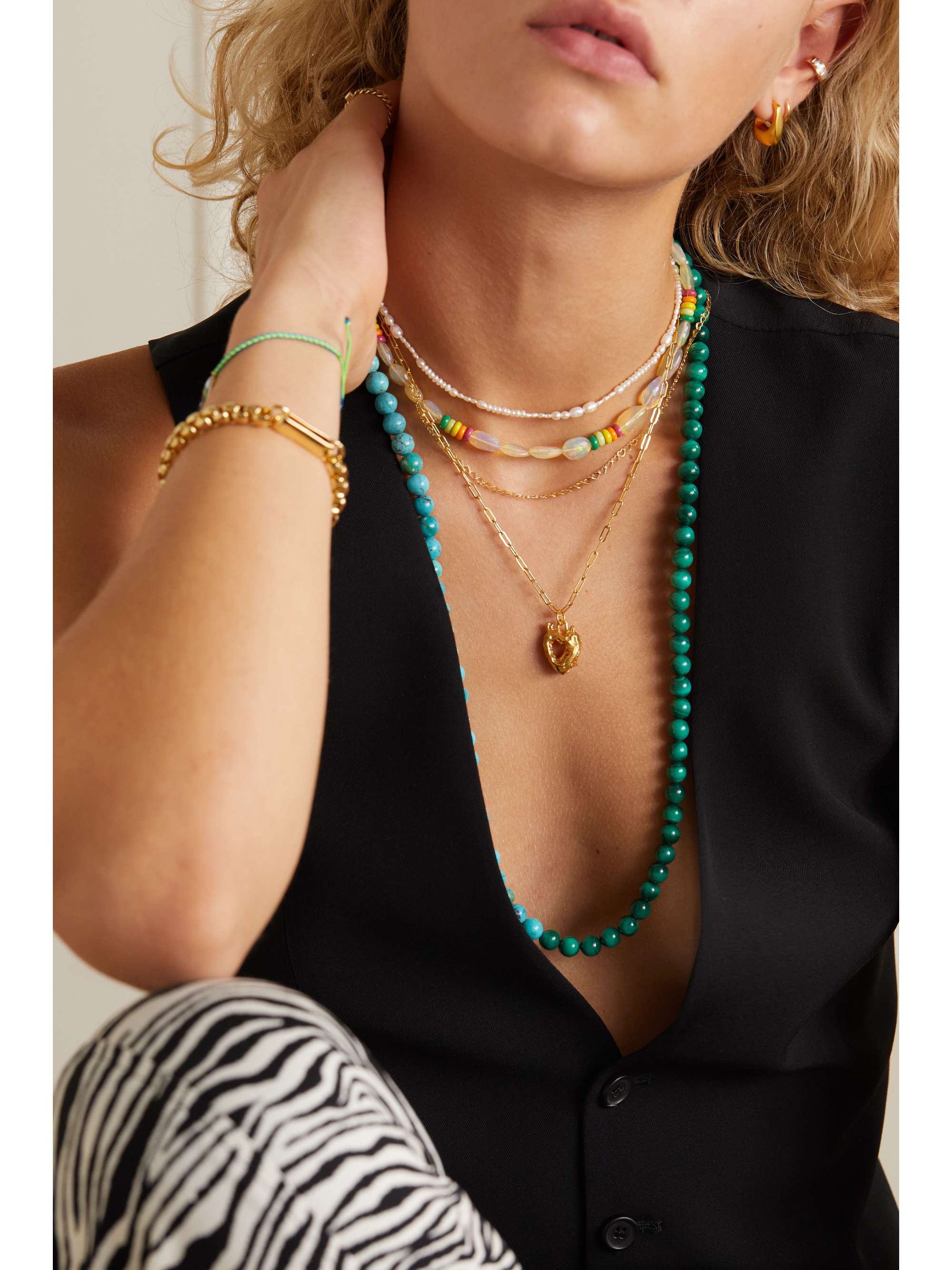 FRY POWERS 14-karat gold, turquoise and malachite necklace