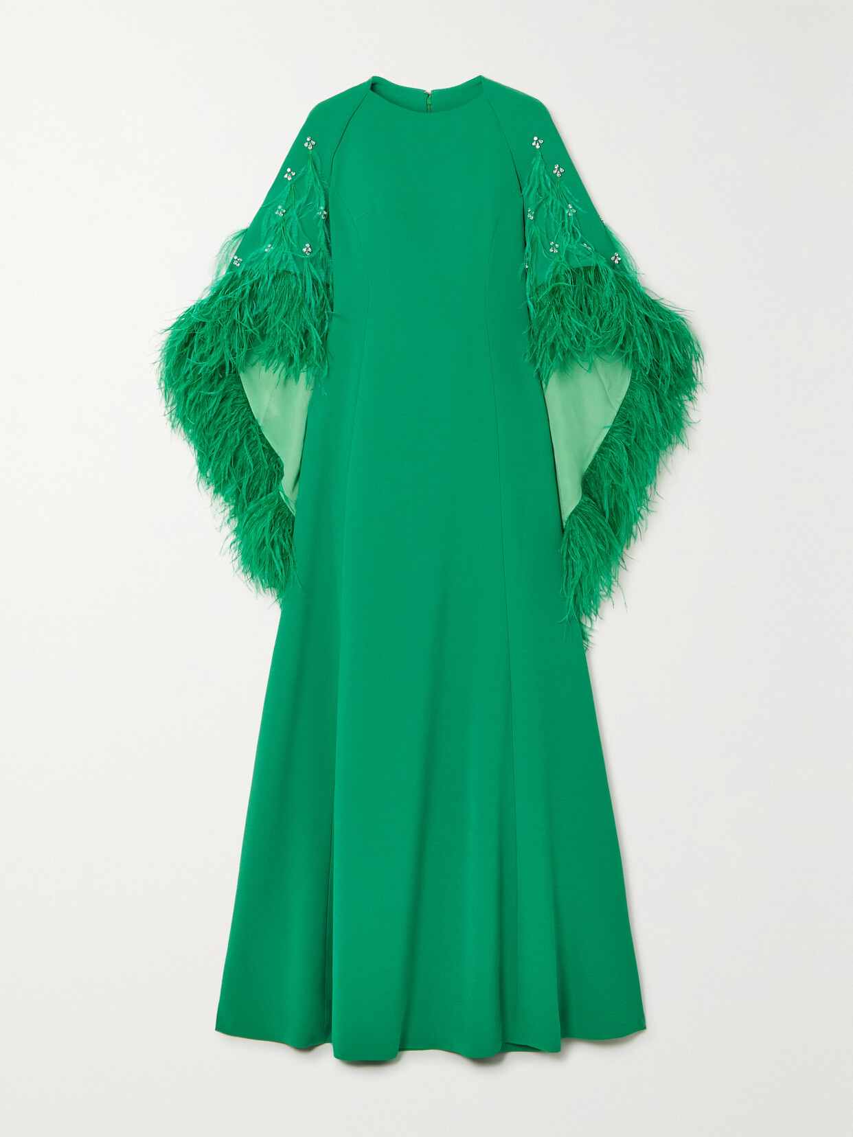 Huishan Zhang - Christelle Cape-effect Crystal And Feather-embellished Crepe Gown - Green