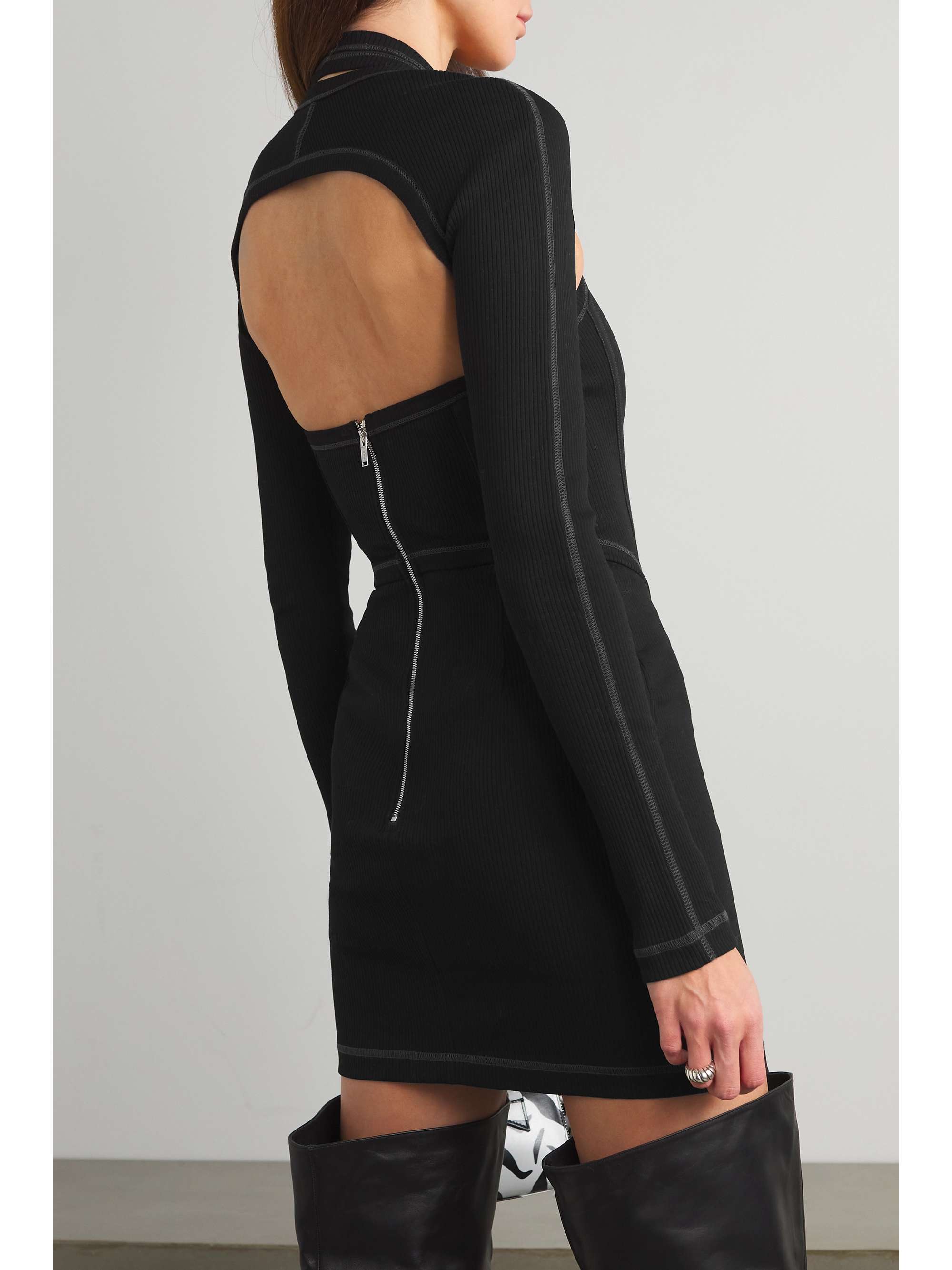 DION LEE 挖剪帆布拼接罗纹弹力棉质平纹布迷你连衣裙