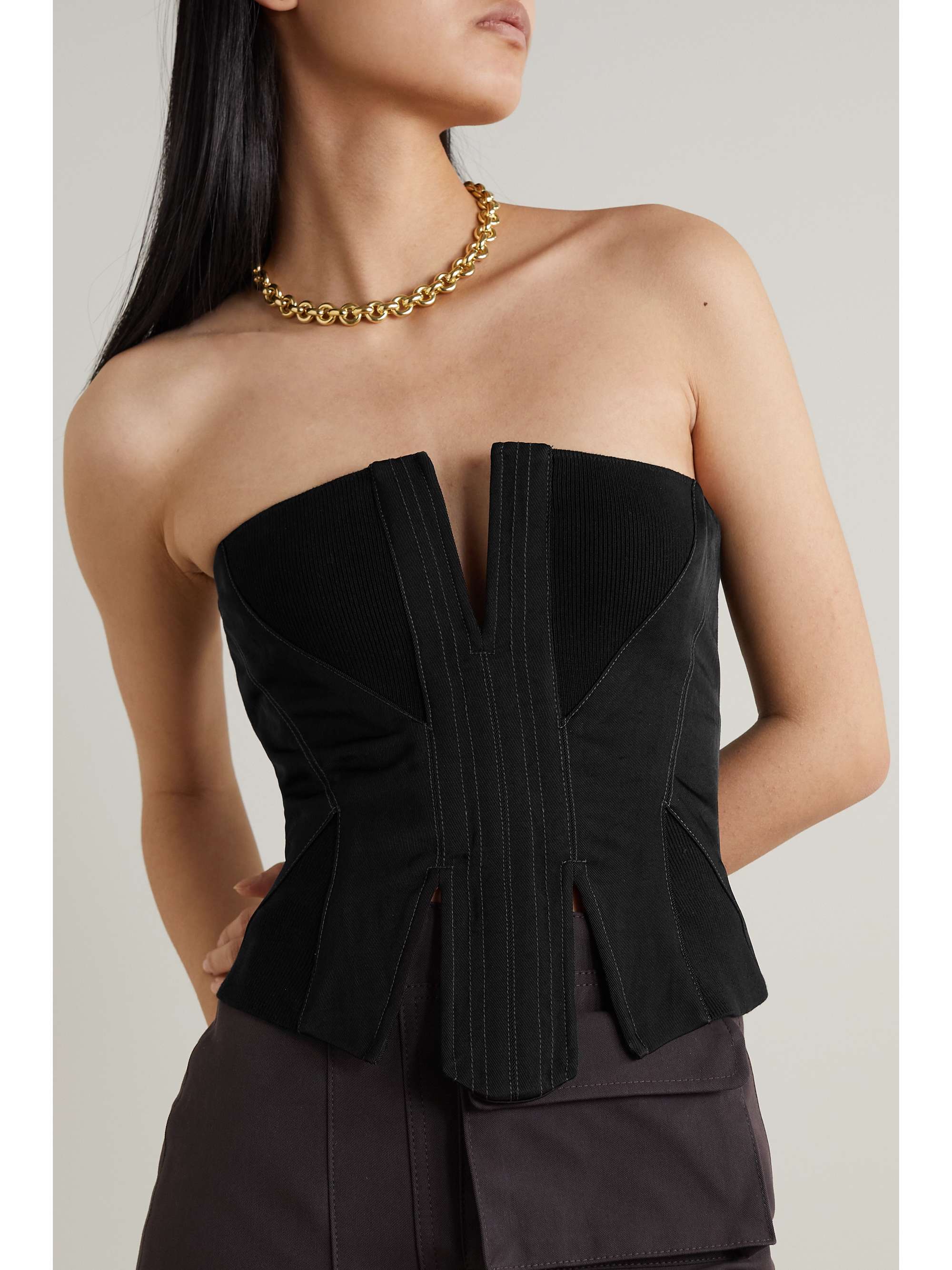DION LEE Split Rib strapless paneled faille and ribbed cotton-blend corset