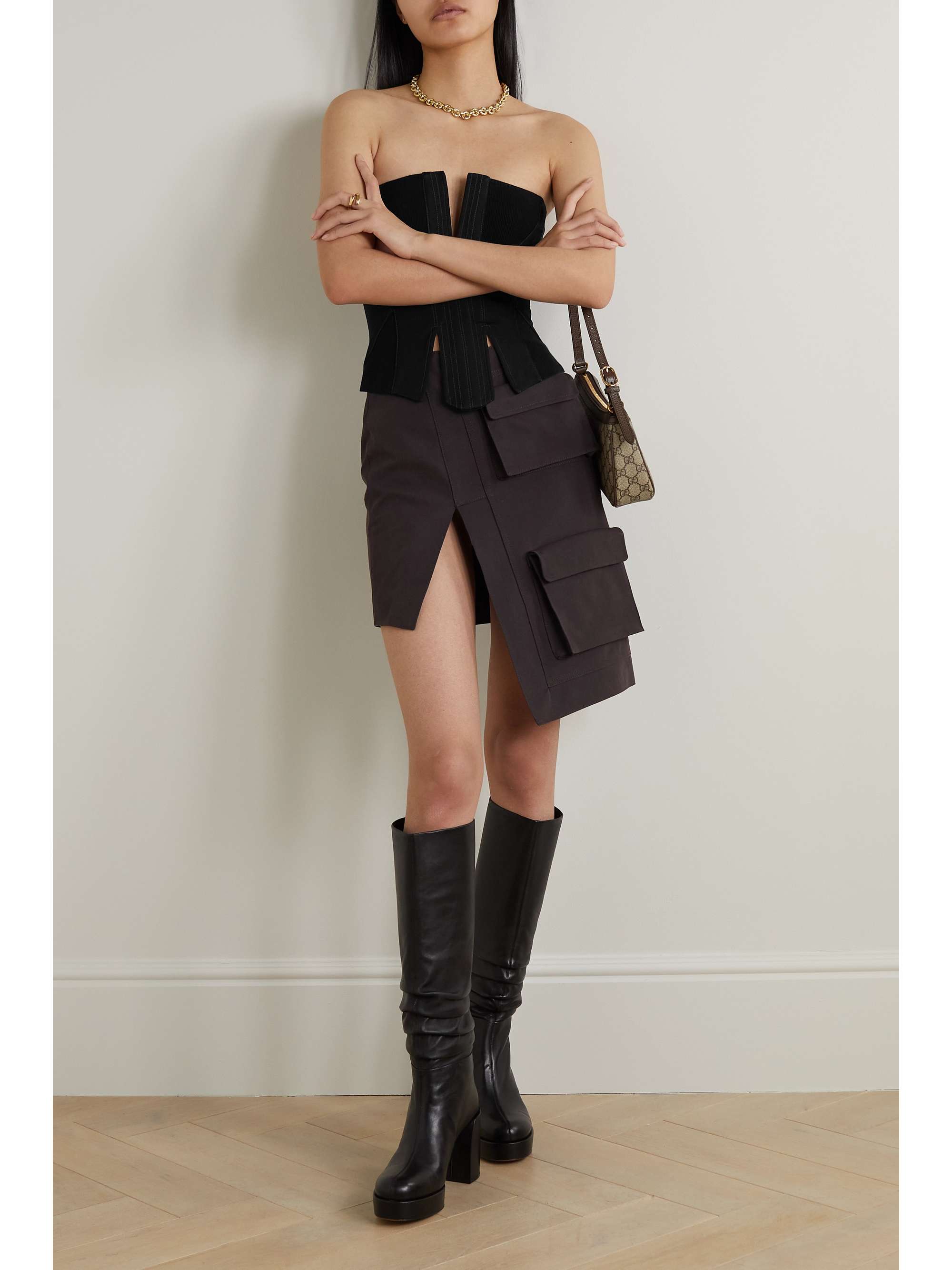 DION LEE Split Rib strapless paneled faille and ribbed cotton-blend corset