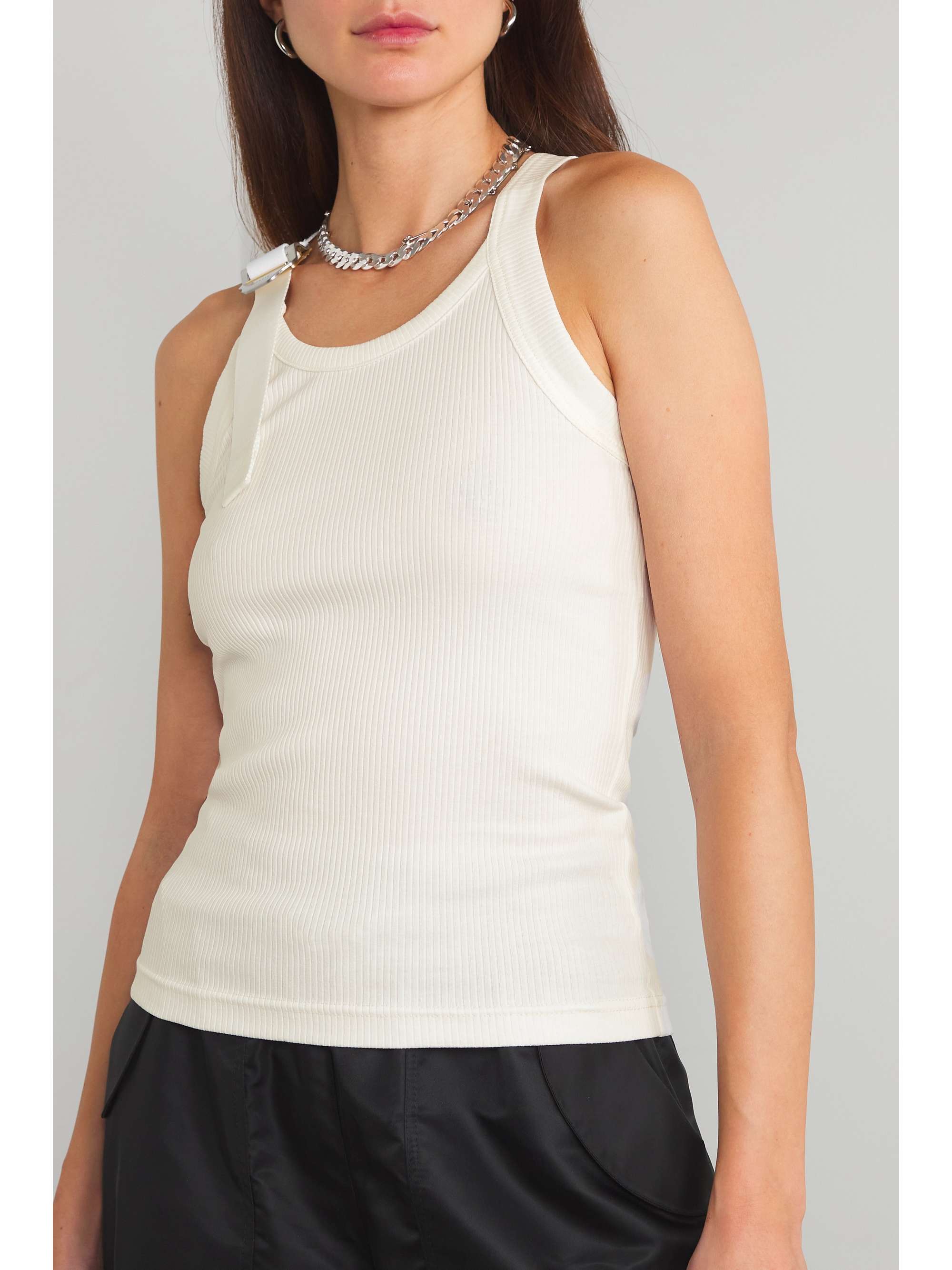 DION LEE Buckled grosgrain-trimmed ribbed stretch-cotton jersey tank