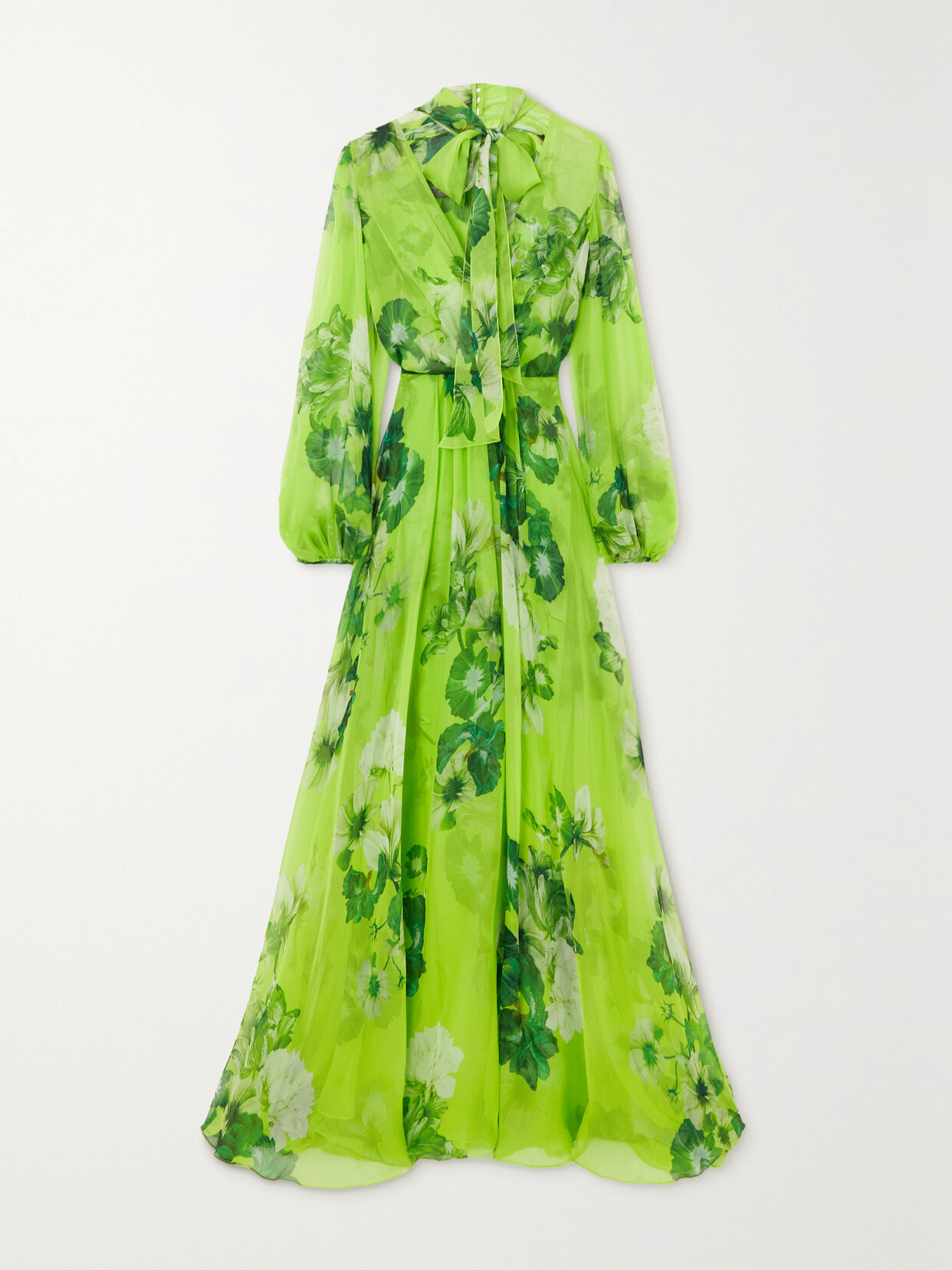 MONIQUE LHUILLIER PUSSY-BOW FLORAL-PRINT SILK-BLEND CHIFFON GOWN