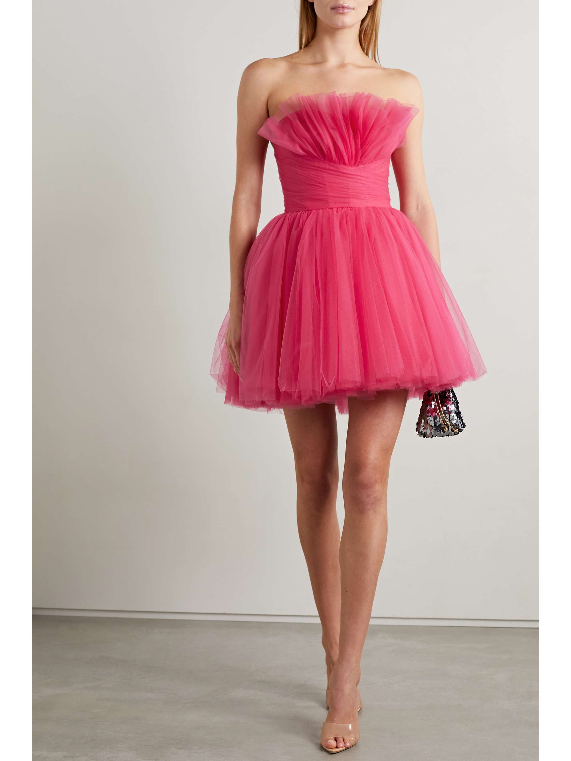 MONIQUE LHUILLIER Strapless gathered silk blend tulle mini dress