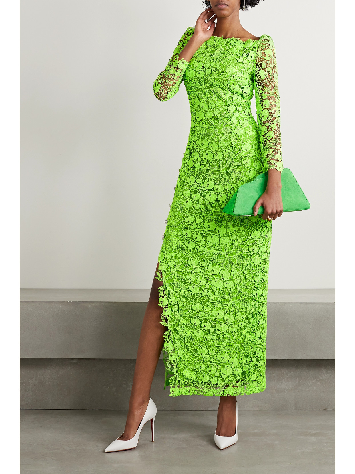 Monique Lhuillier Embellished Corded Lace Midi Dress In Green