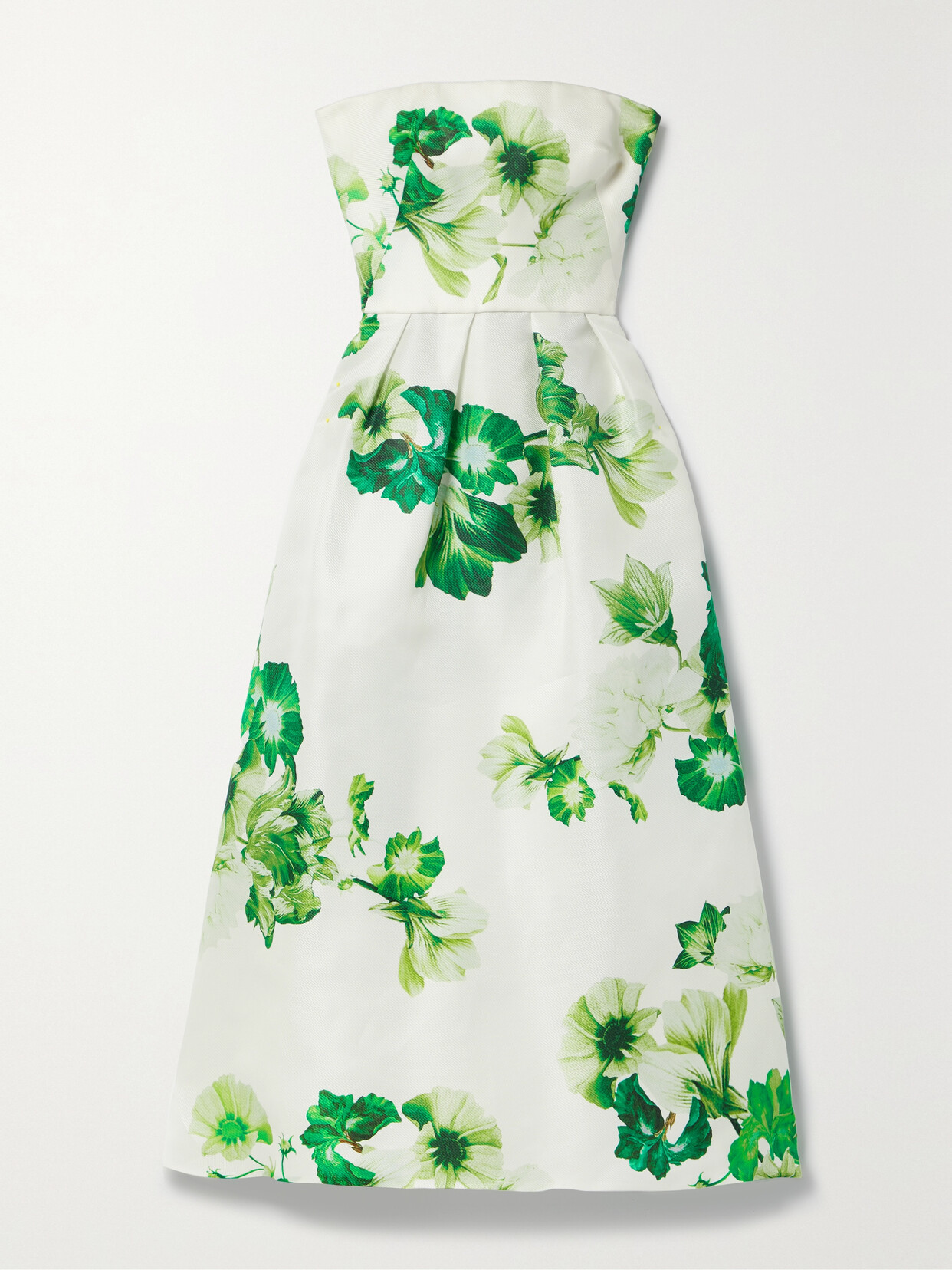 Monique Lhuillier - Strapless Pleated Floral-print Silk-piqué Midi Dress - White