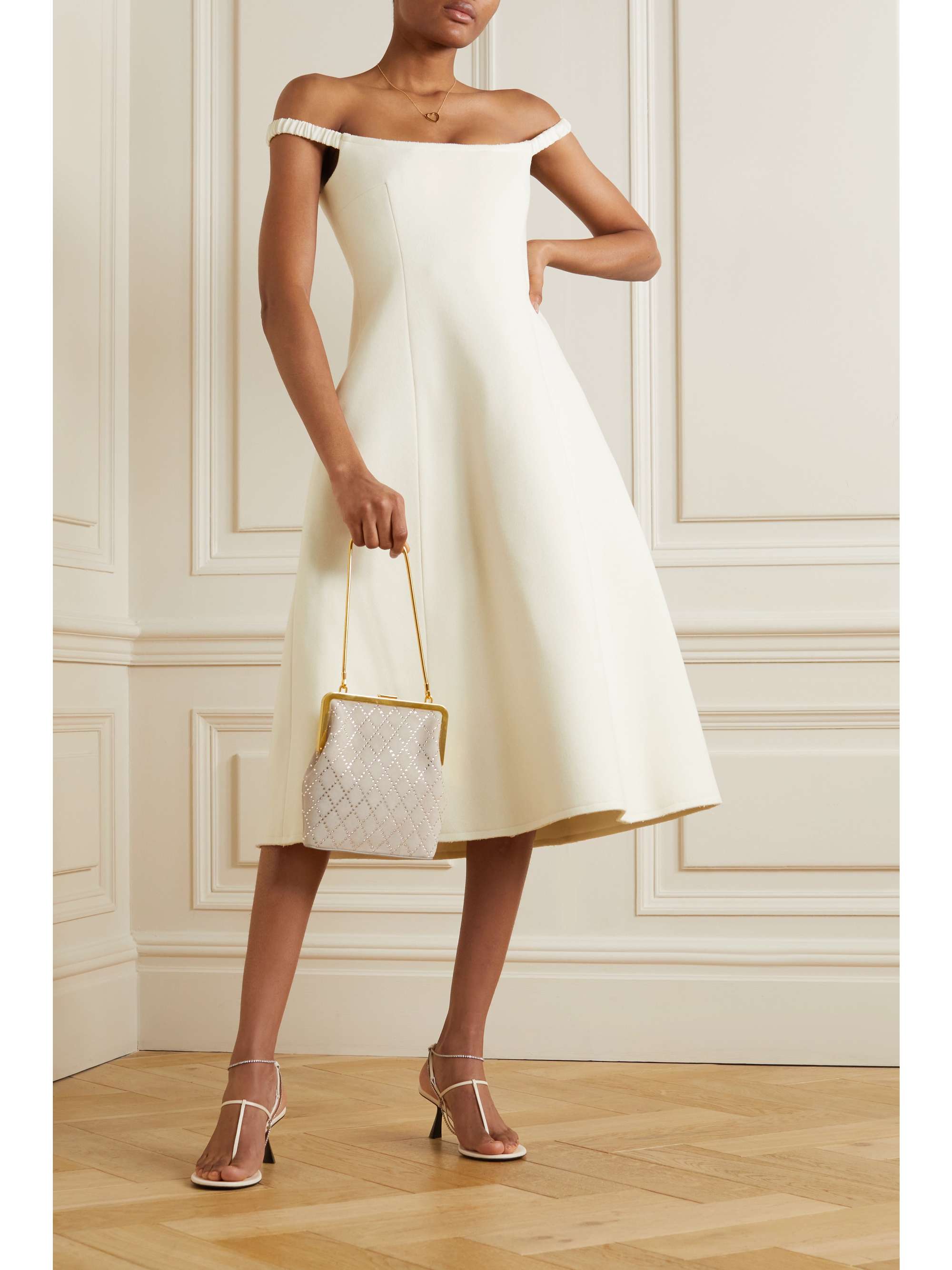 KHAITE Uma off-the-shoulder Melton wool-blend midi dress