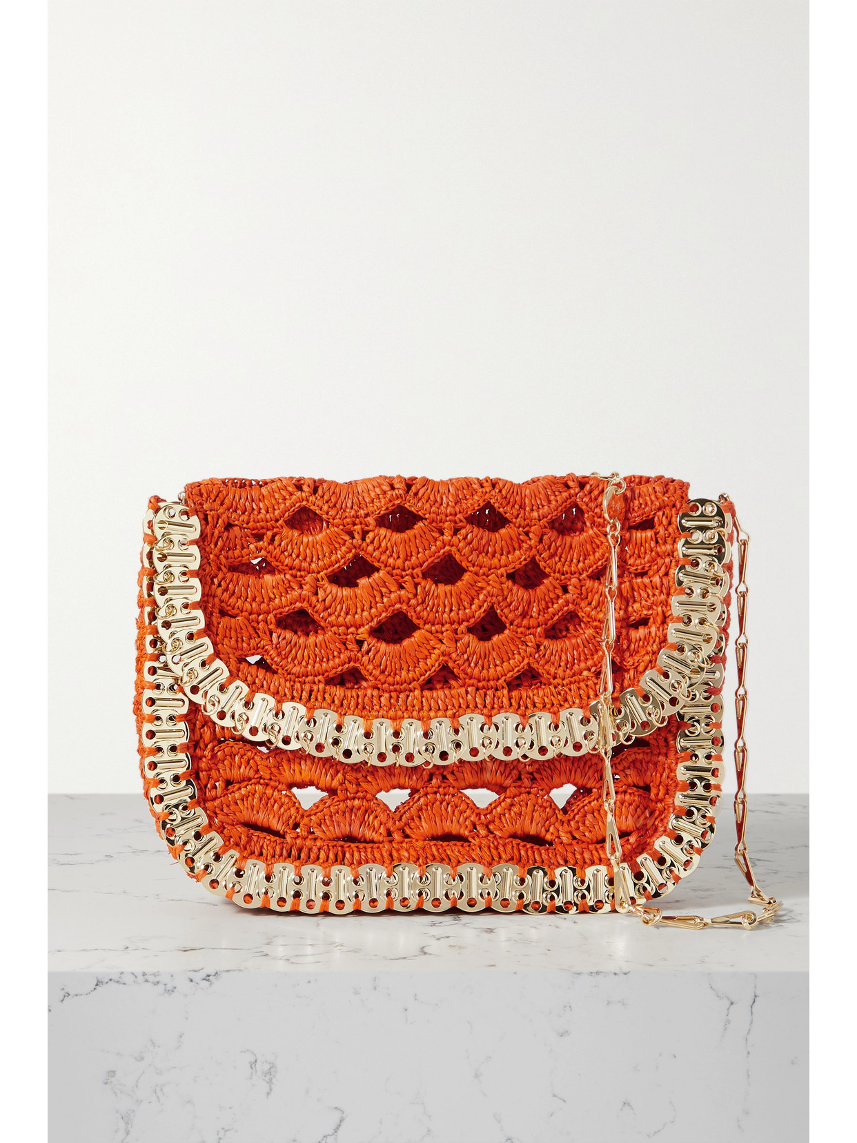 Rabanne - Rabanne Embellished Crocheted Raffia Shoulder Bag - Orange