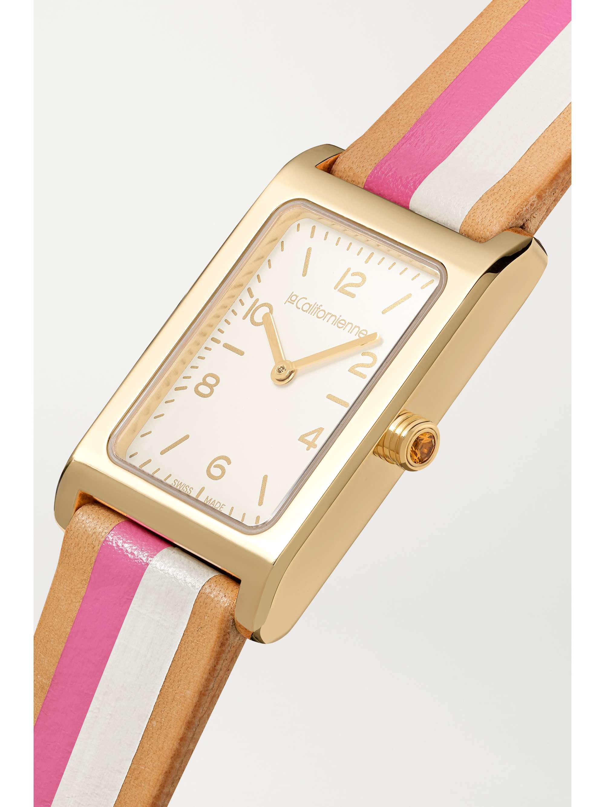 LA CALIFORNIENNE Montre en plaqué or à bracelet en cuir à rayures Daybreak, 24 mm