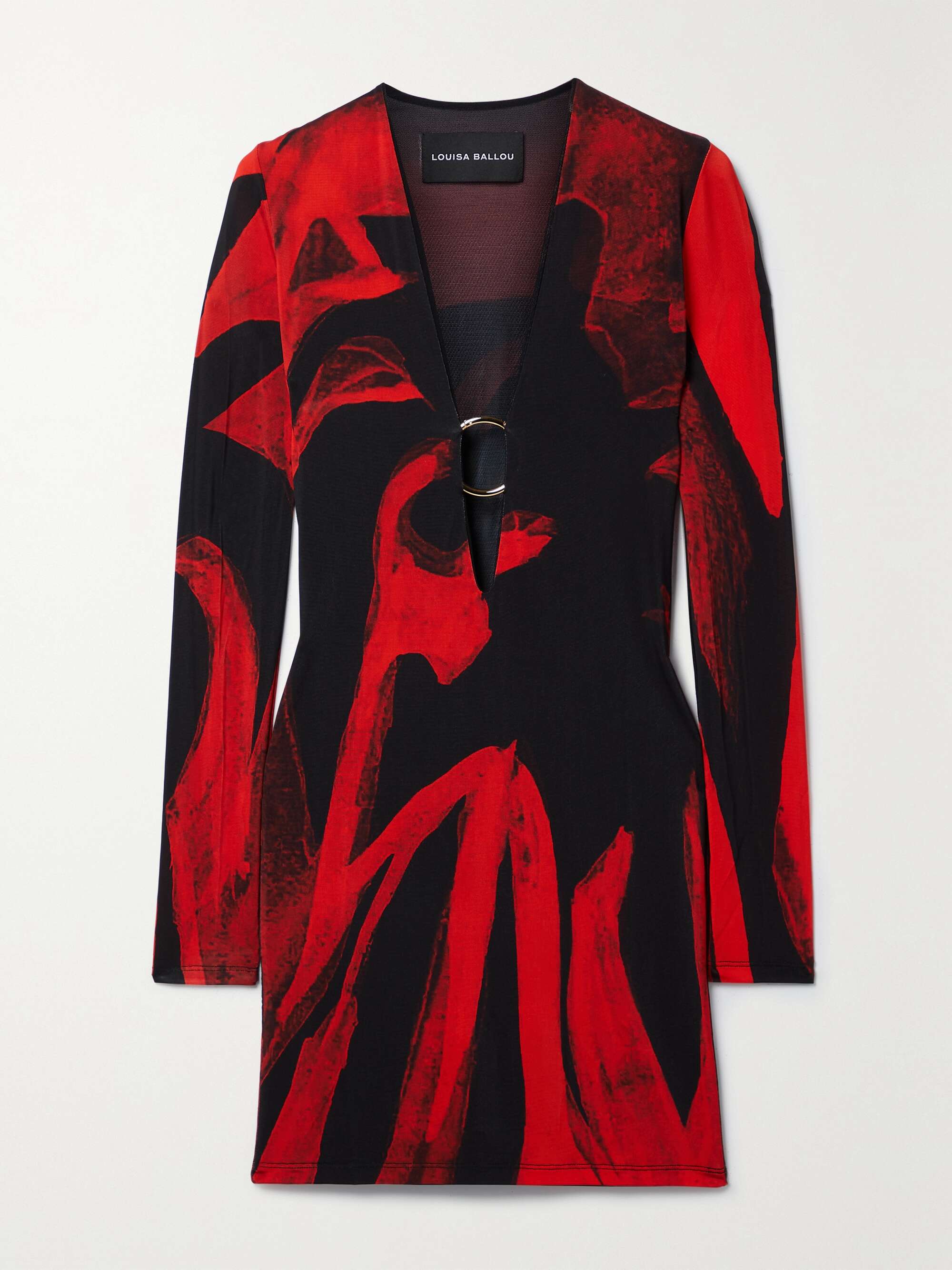 Red Helios embellished printed stretchjersey mini dress LOUISA