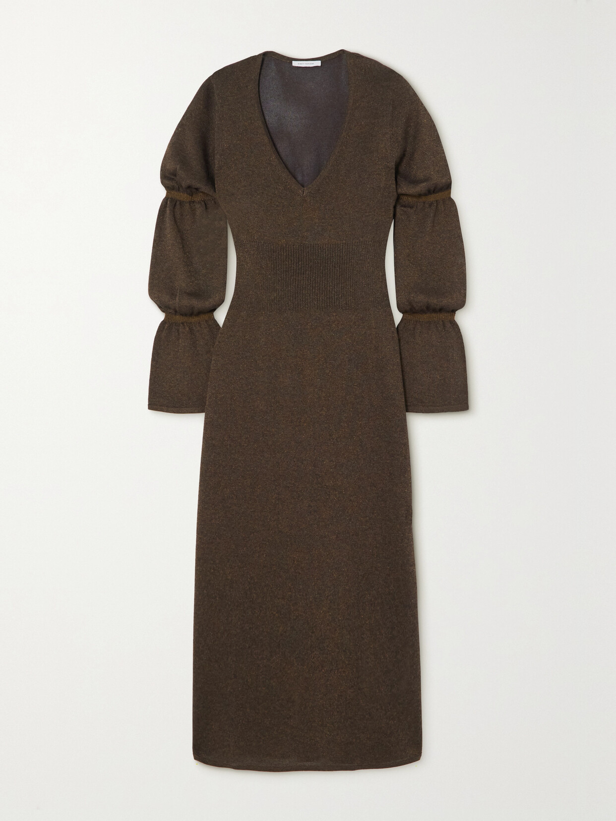 Ninety Percent Demi Metallic Ribbed-knit Midi Dress In Brown