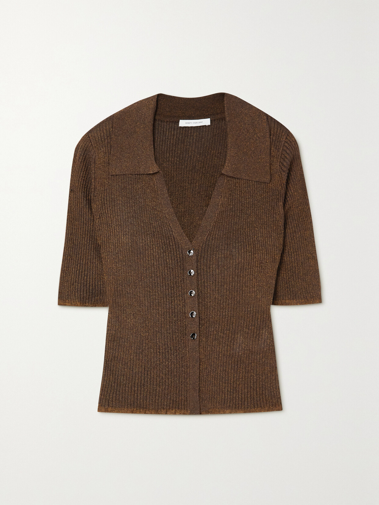 Ninety Percent Carolina Metallic Ribbed-knit Polo Top In Brown