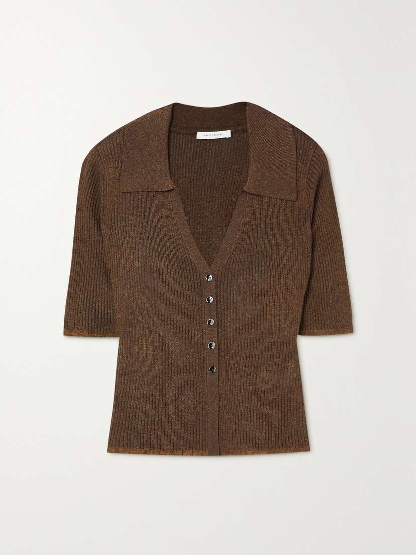 Ninety Percent Carolina Metallic Ribbed-knit Polo Top - x large