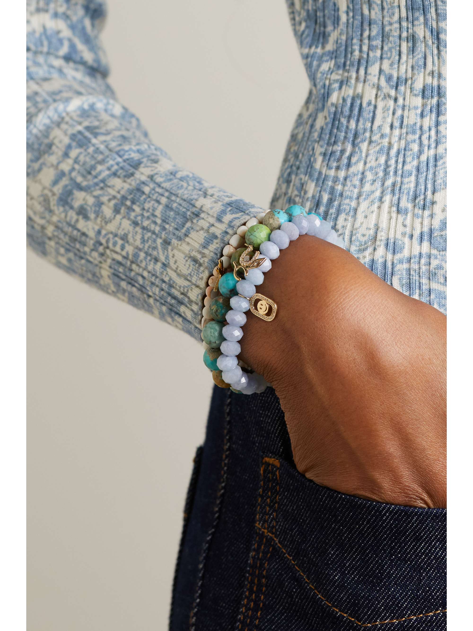 SYDNEY EVAN Happy Face 14-karat gold, aquamarine and diamond bracelet