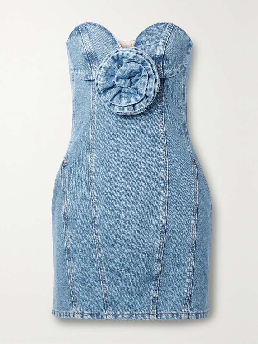 Magda Butrym Strapless Appliquéd Denim Mini Dress