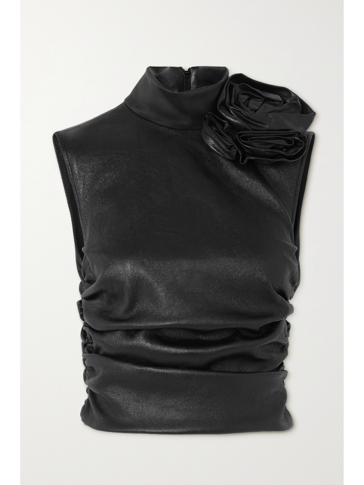 Magda Butrym - Appliquéd Ruched Leather Turtleneck Top - Black