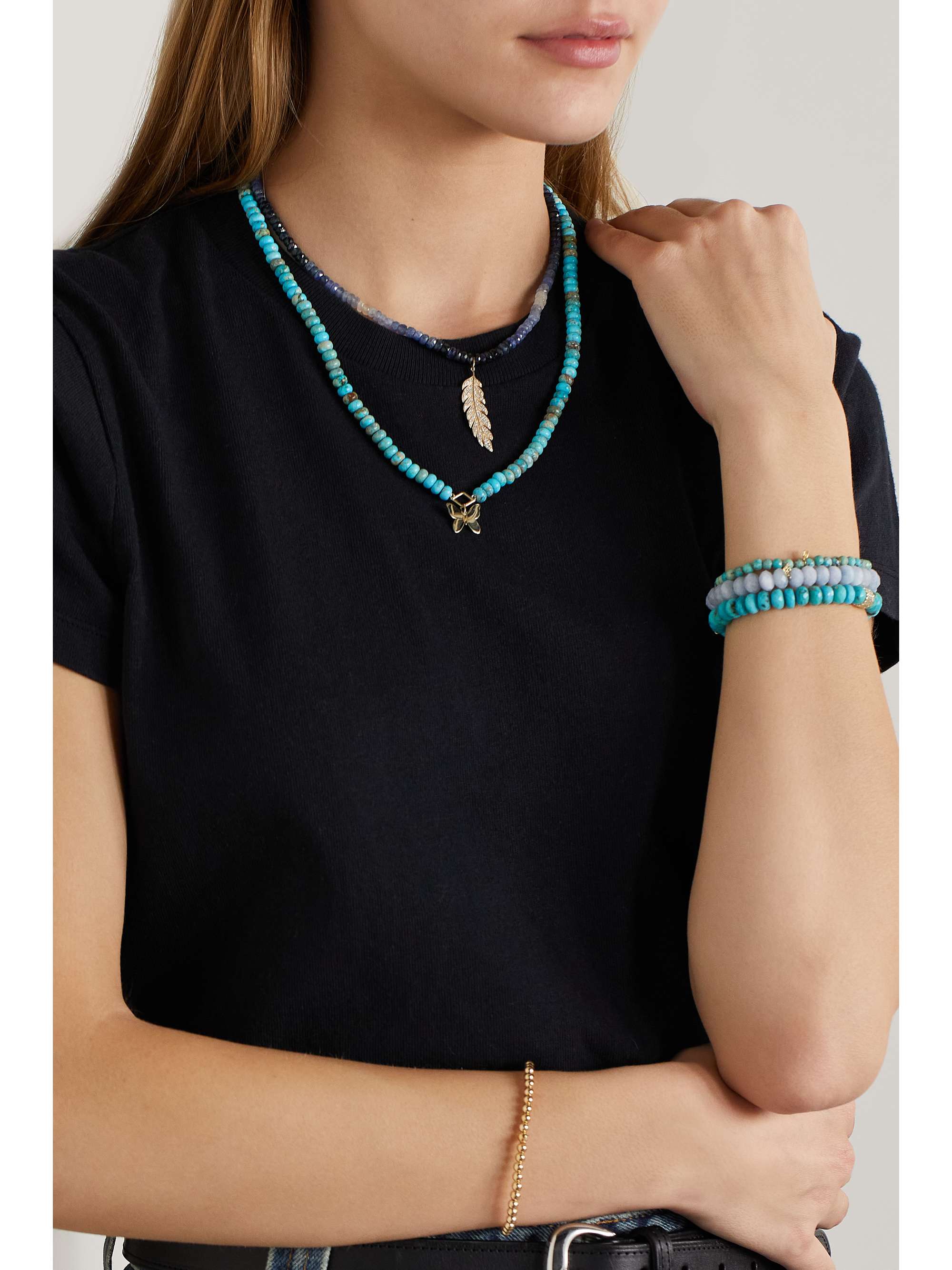 SYDNEY EVAN Large Feather 14-karat gold, rondelle and diamond necklace