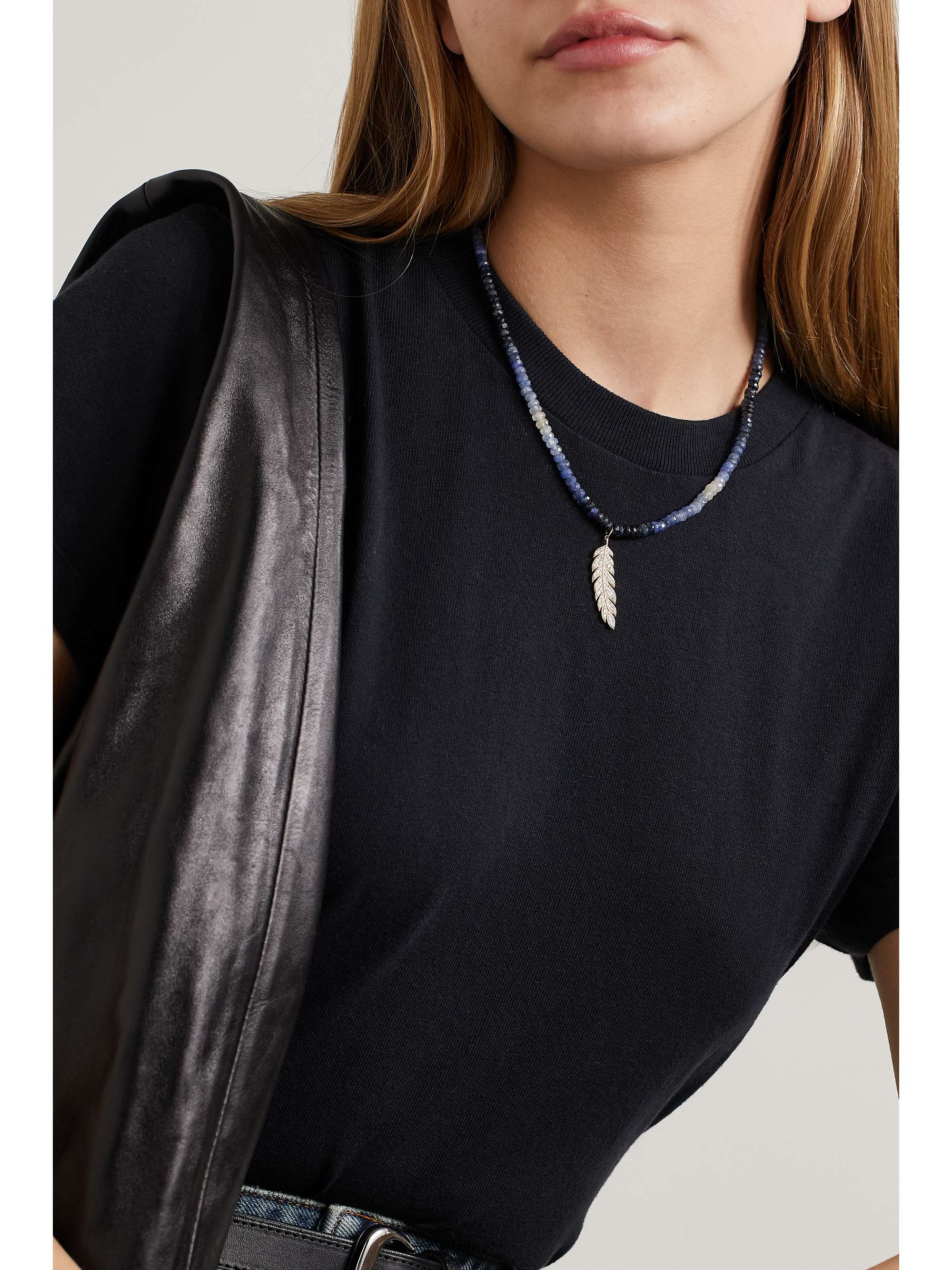 SYDNEY EVAN Large Feather 14-karat gold, rondelle and diamond necklace