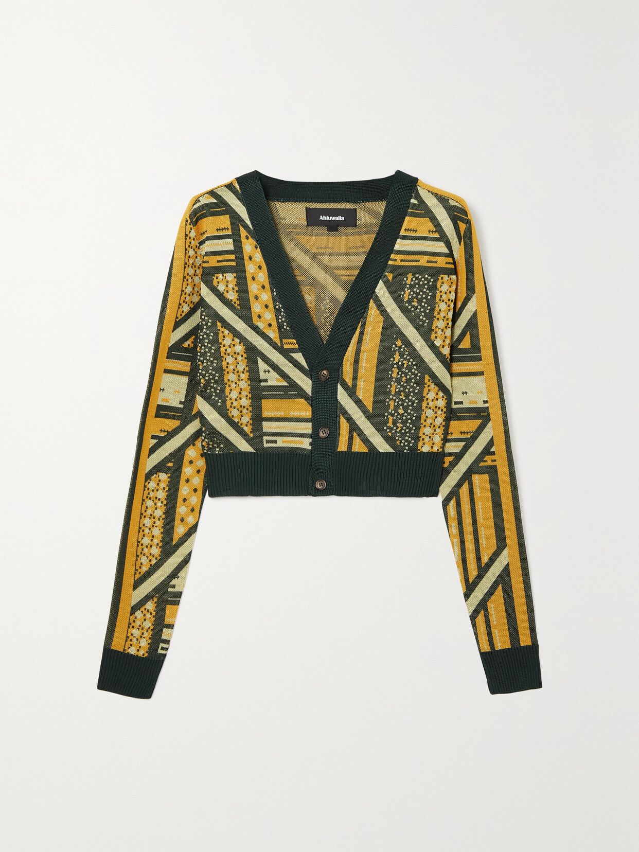 Ahluwalia Ayo Cropped Intarsia-knit Cardigan In Green/yellow