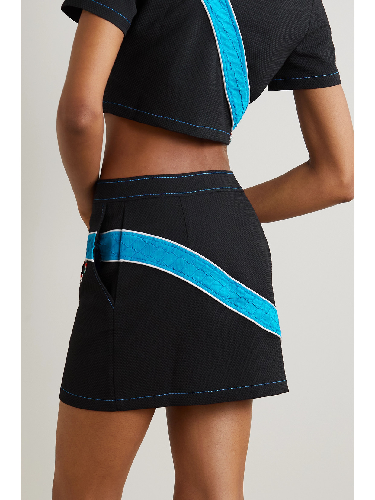 Ahluwalia Priya Embellished Cloqué-trimmed Piqué Mini Skirt In Black