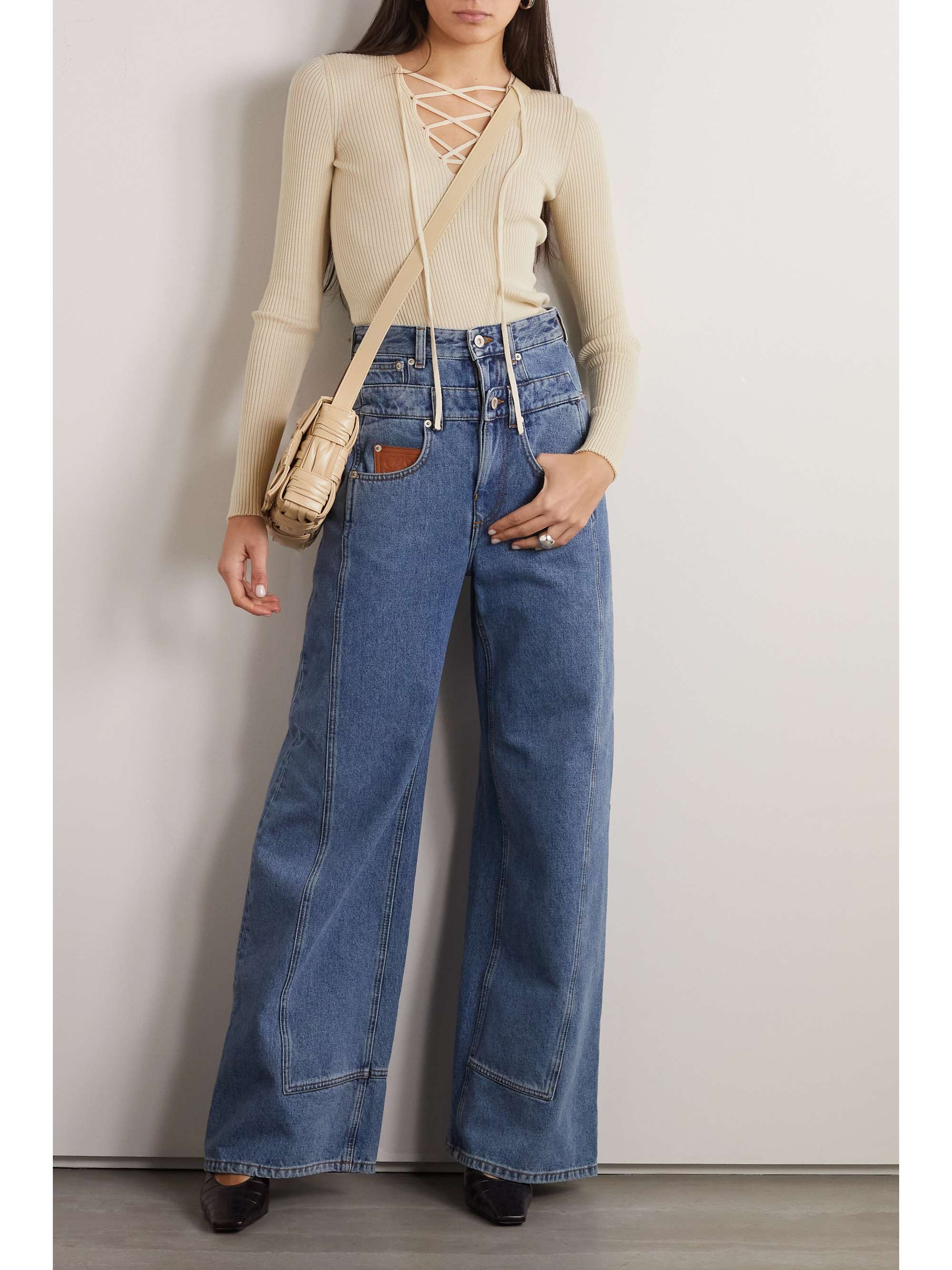 Ribbed lace-up cashmere and silk-blend top