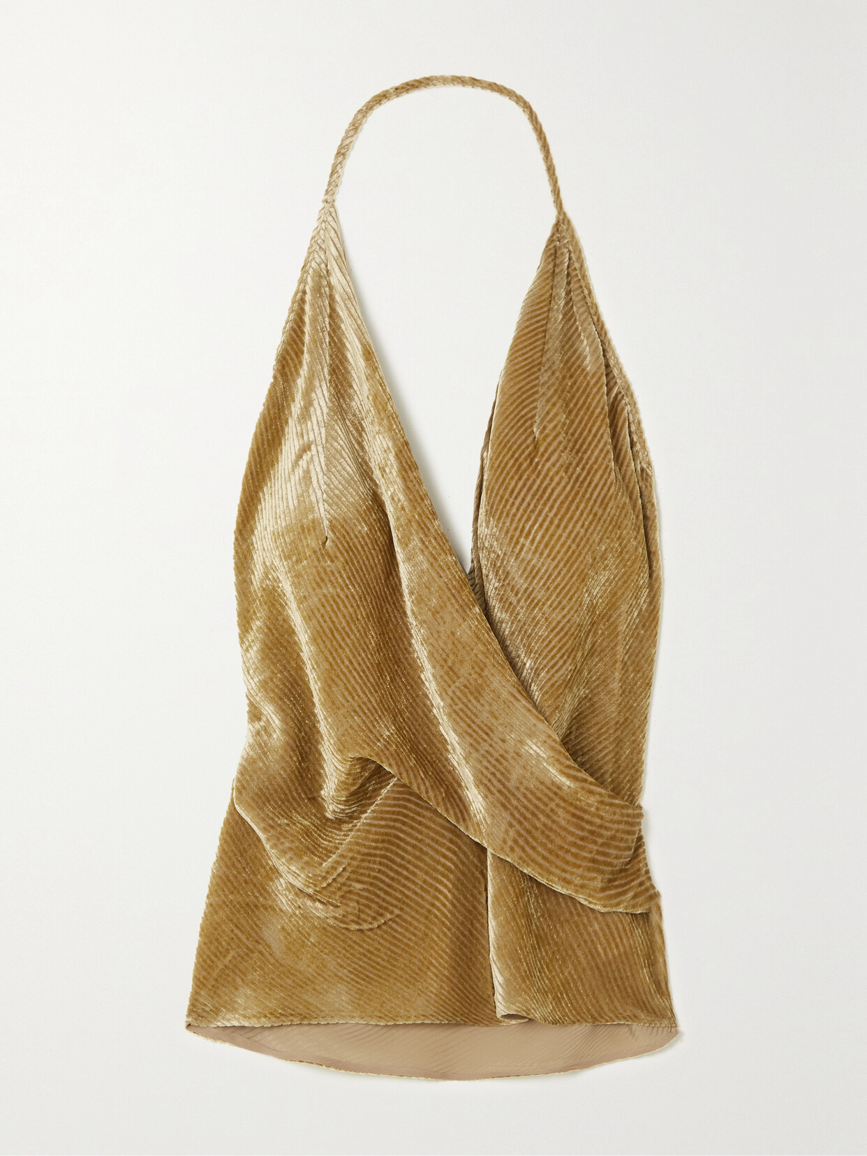 Petar Petrov Toma Silk-trimmed Draped Devoré-velvet Halterneck Top In Gold